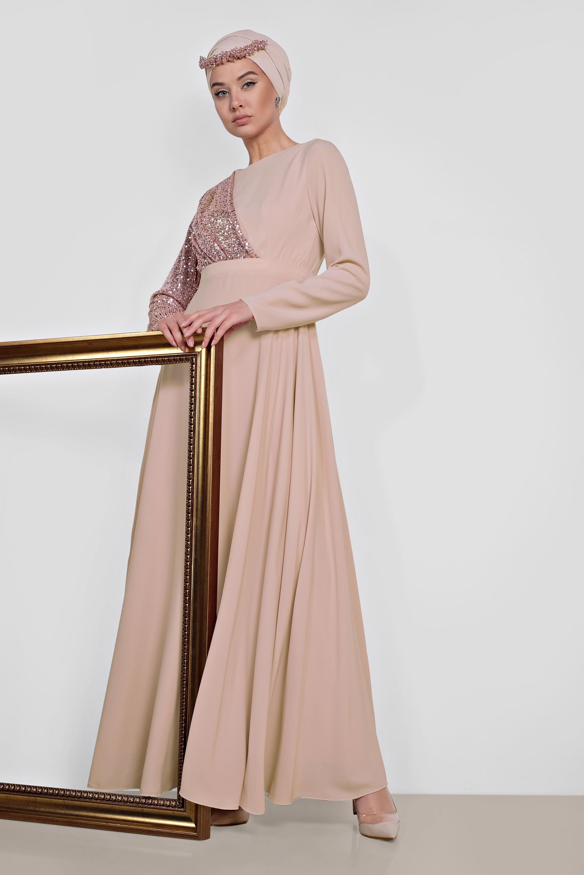 Tesettür giyim PUDRA PUL PAYET DETAYLI ABİYE ELBİSE 4218 