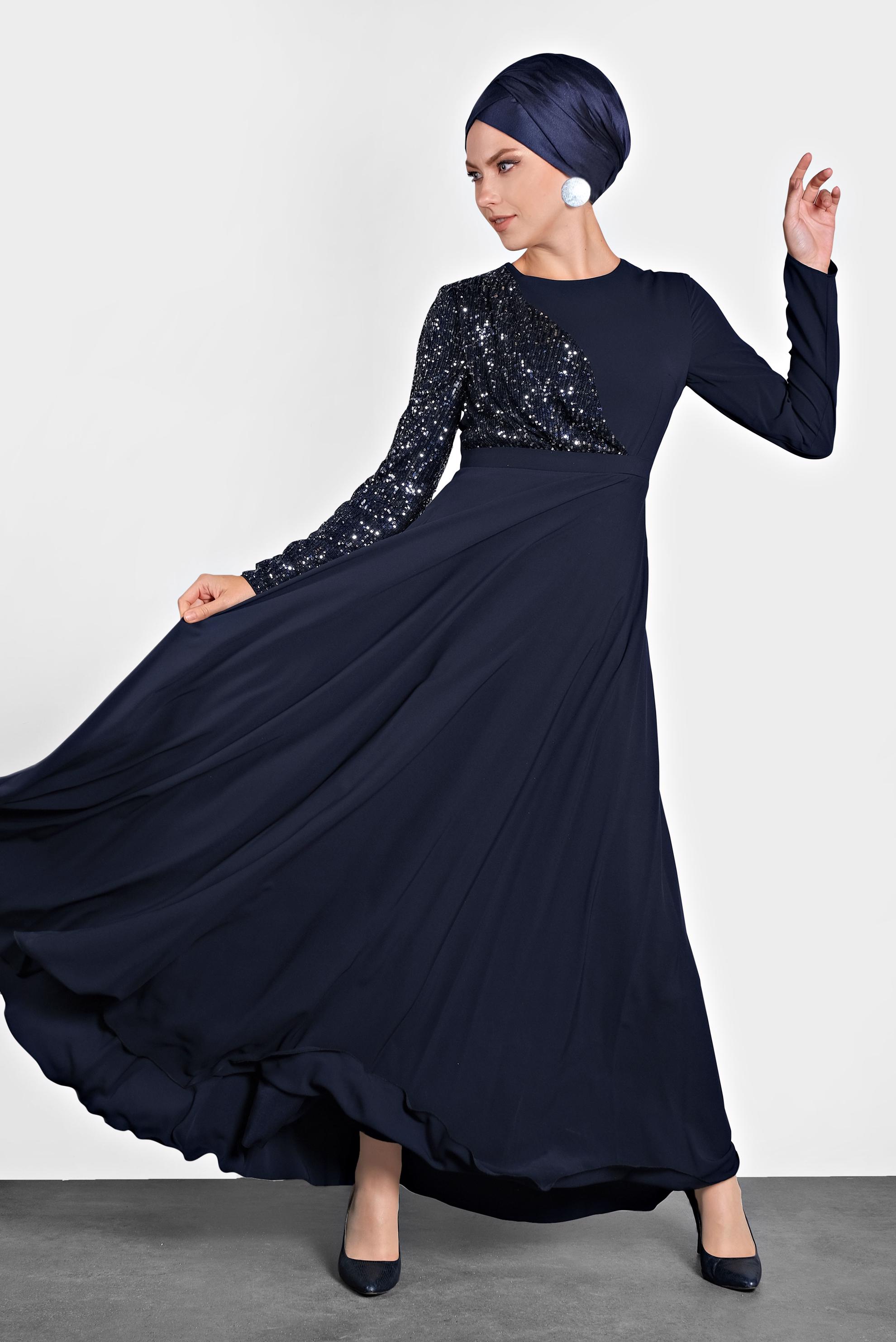 Tesettür giyim LACİVERT PUL PAYET DETAYLI ABİYE ELBİSE 4218 