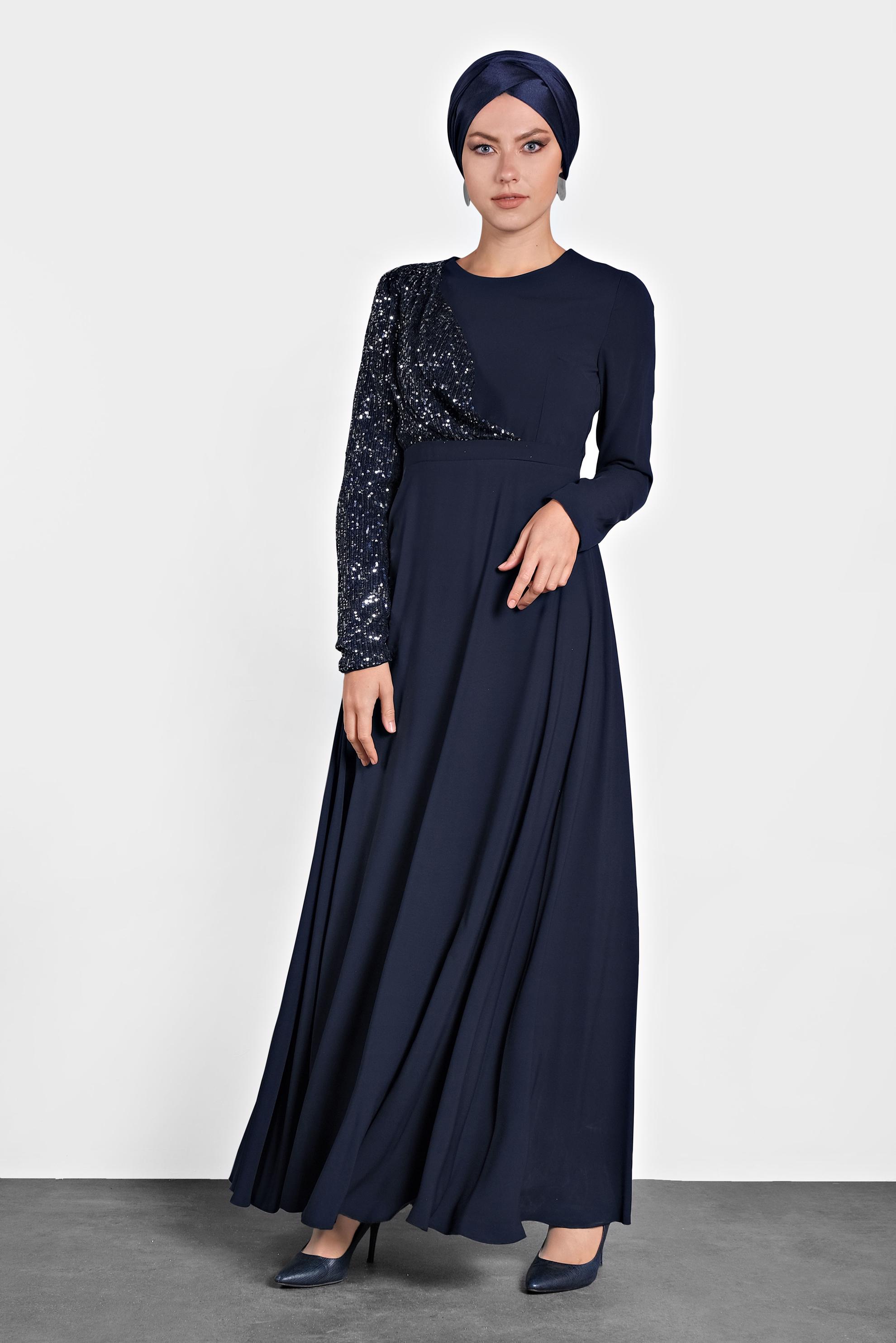 Tesettür giyim LACİVERT PUL PAYET DETAYLI ABİYE ELBİSE 4218 