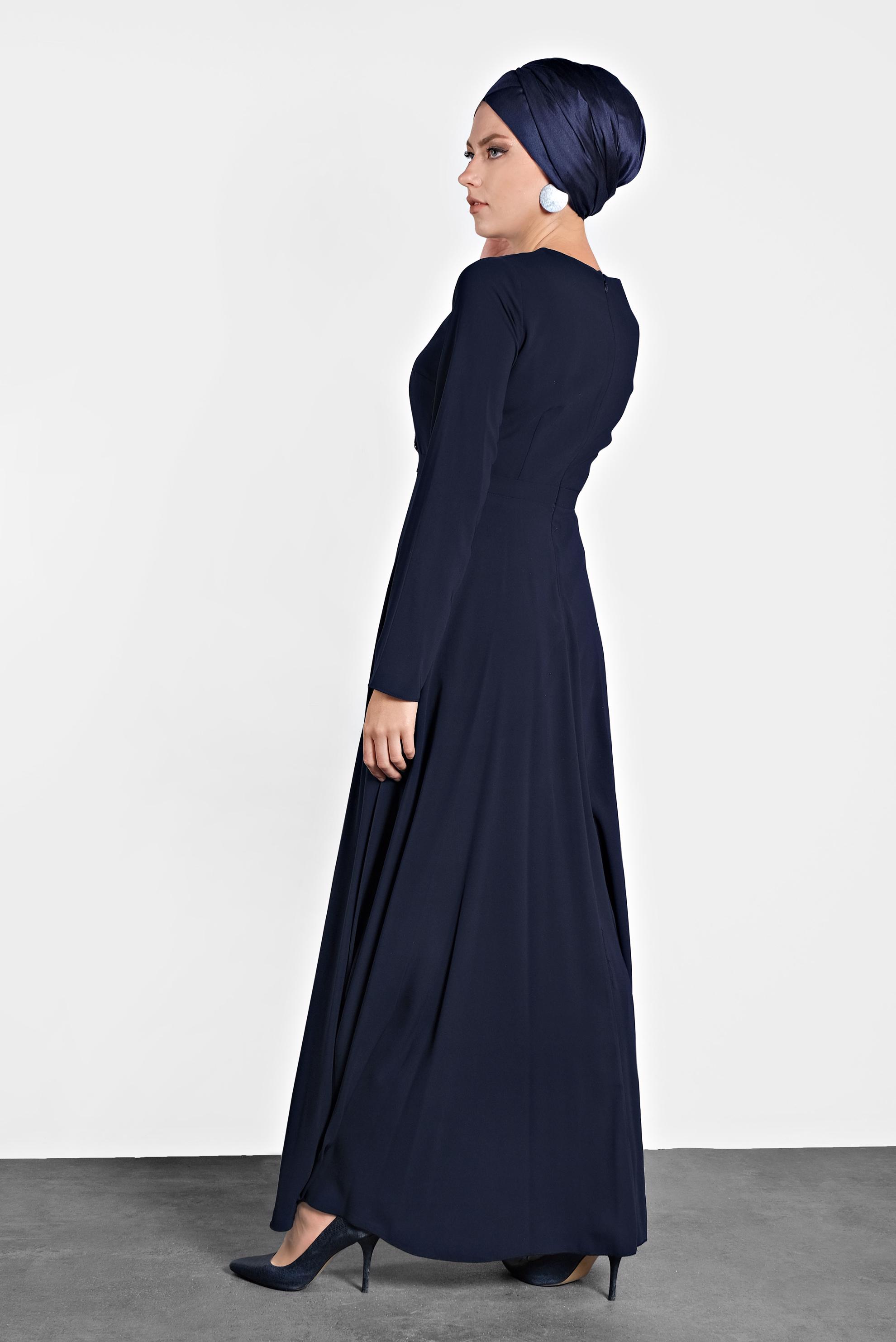 Tesettür giyim LACİVERT PUL PAYET DETAYLI ABİYE ELBİSE 4218 