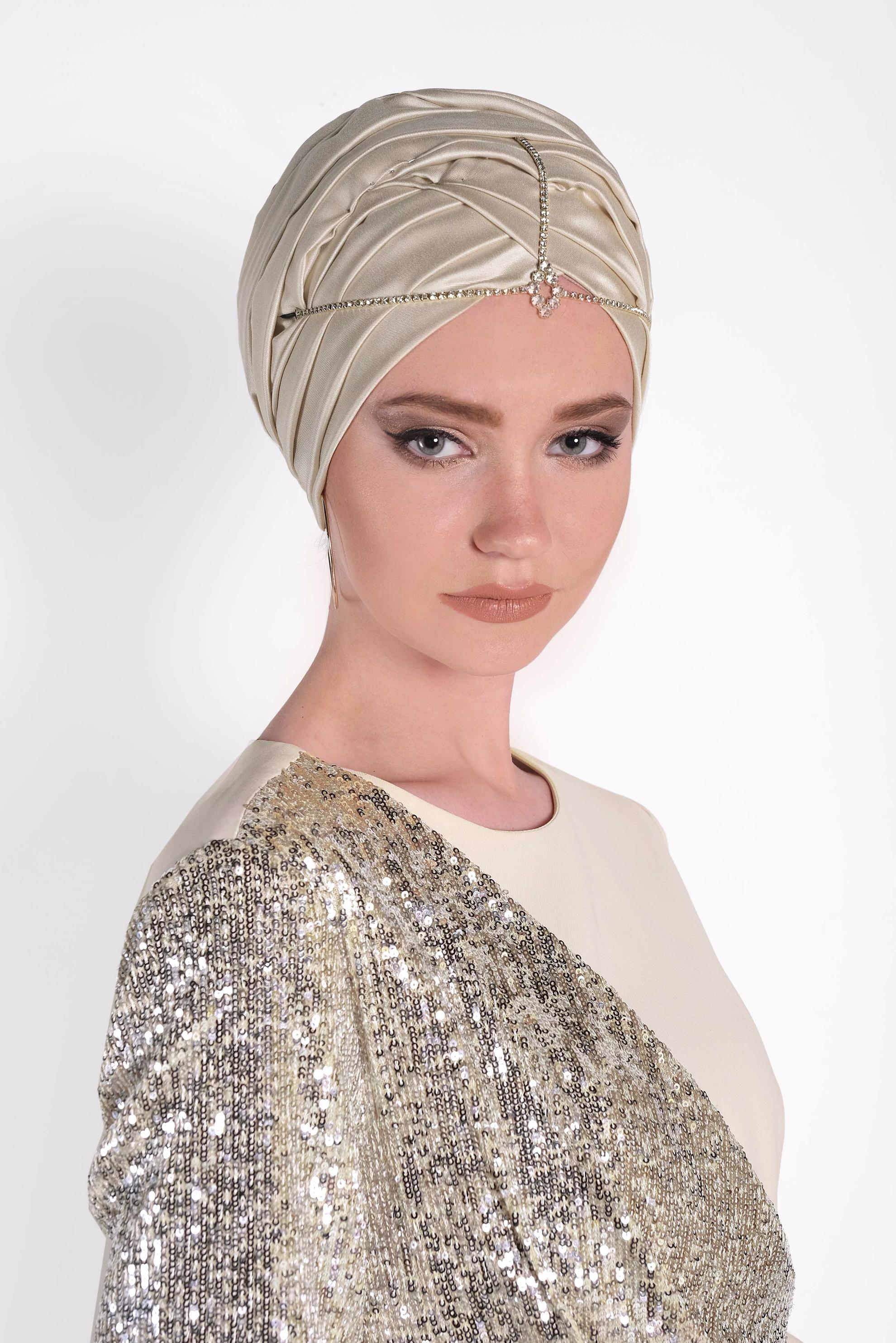 Tesettür giyim EKRU PUL PAYET DETAYLI ABİYE ELBİSE 4218 