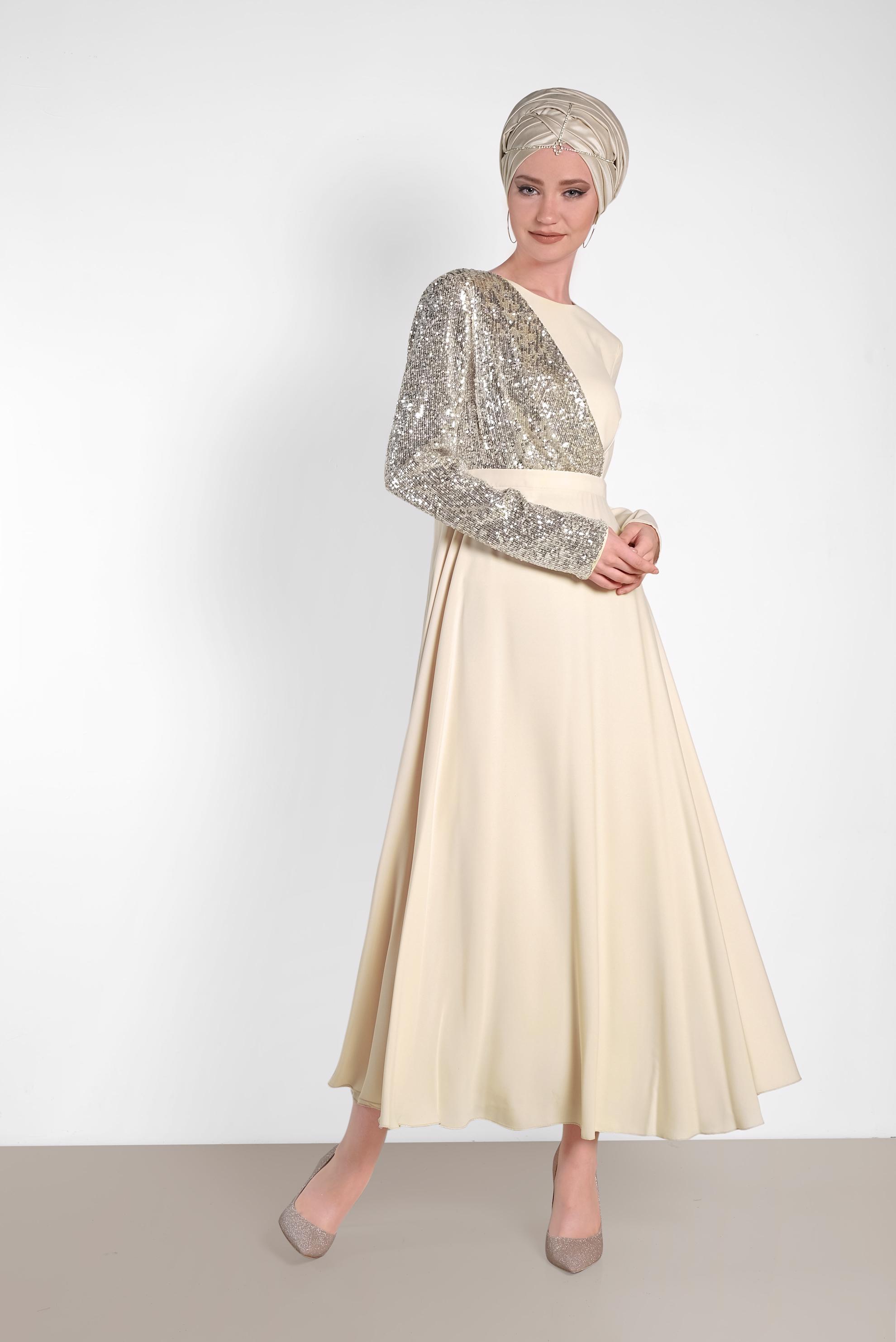 Tesettür giyim EKRU PUL PAYET DETAYLI ABİYE ELBİSE 4218 