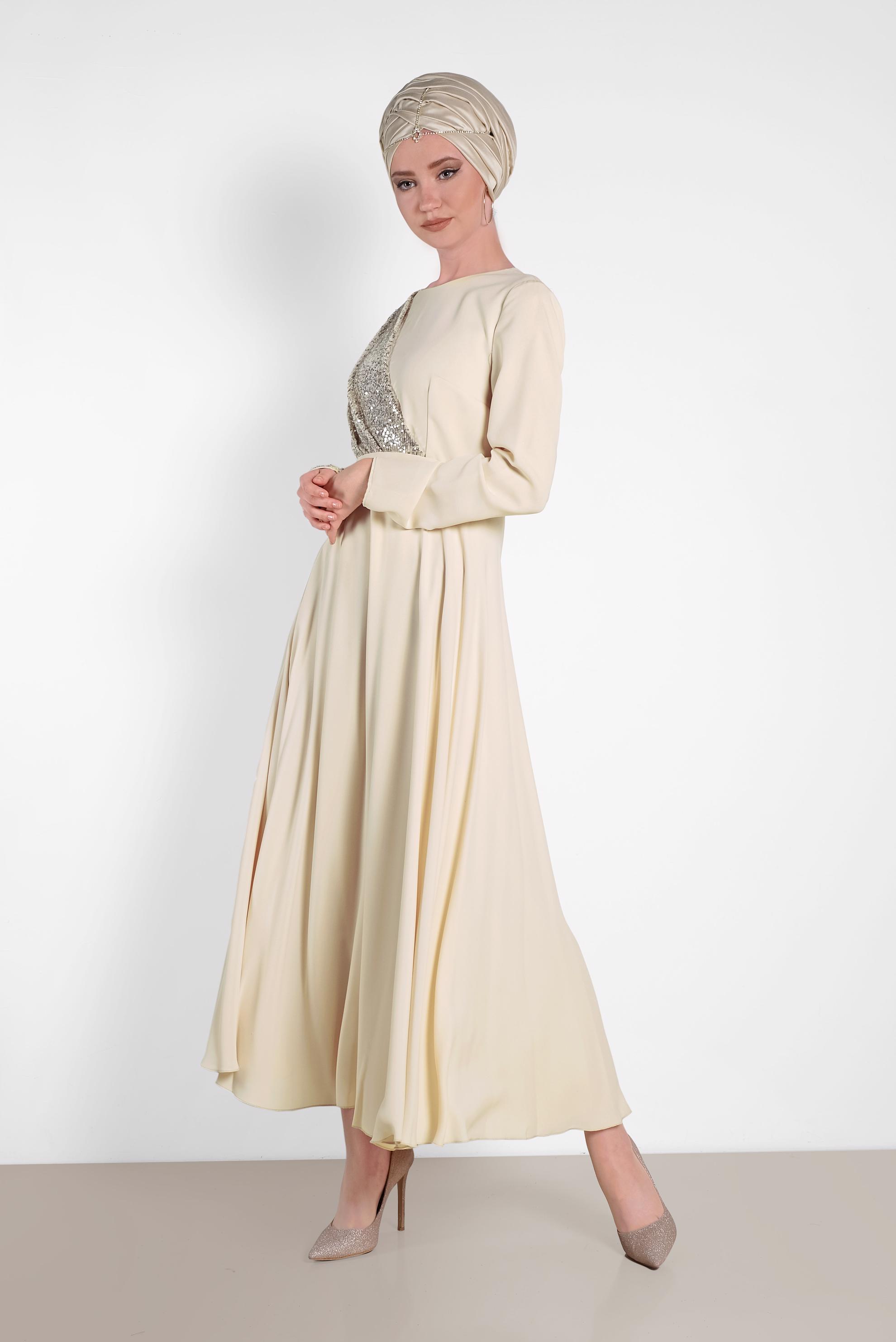 Tesettür giyim EKRU PUL PAYET DETAYLI ABİYE ELBİSE 4218 