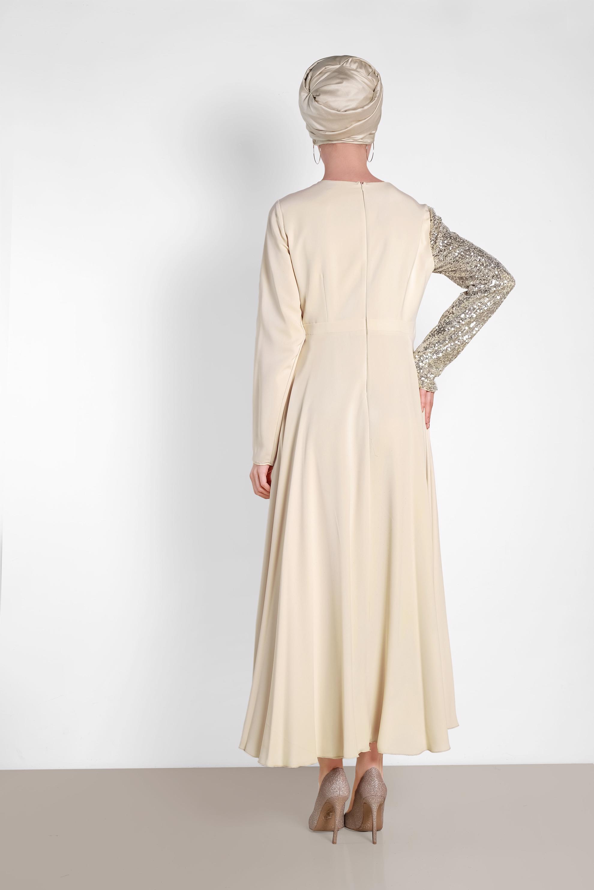 Tesettür giyim EKRU PUL PAYET DETAYLI ABİYE ELBİSE 4218 