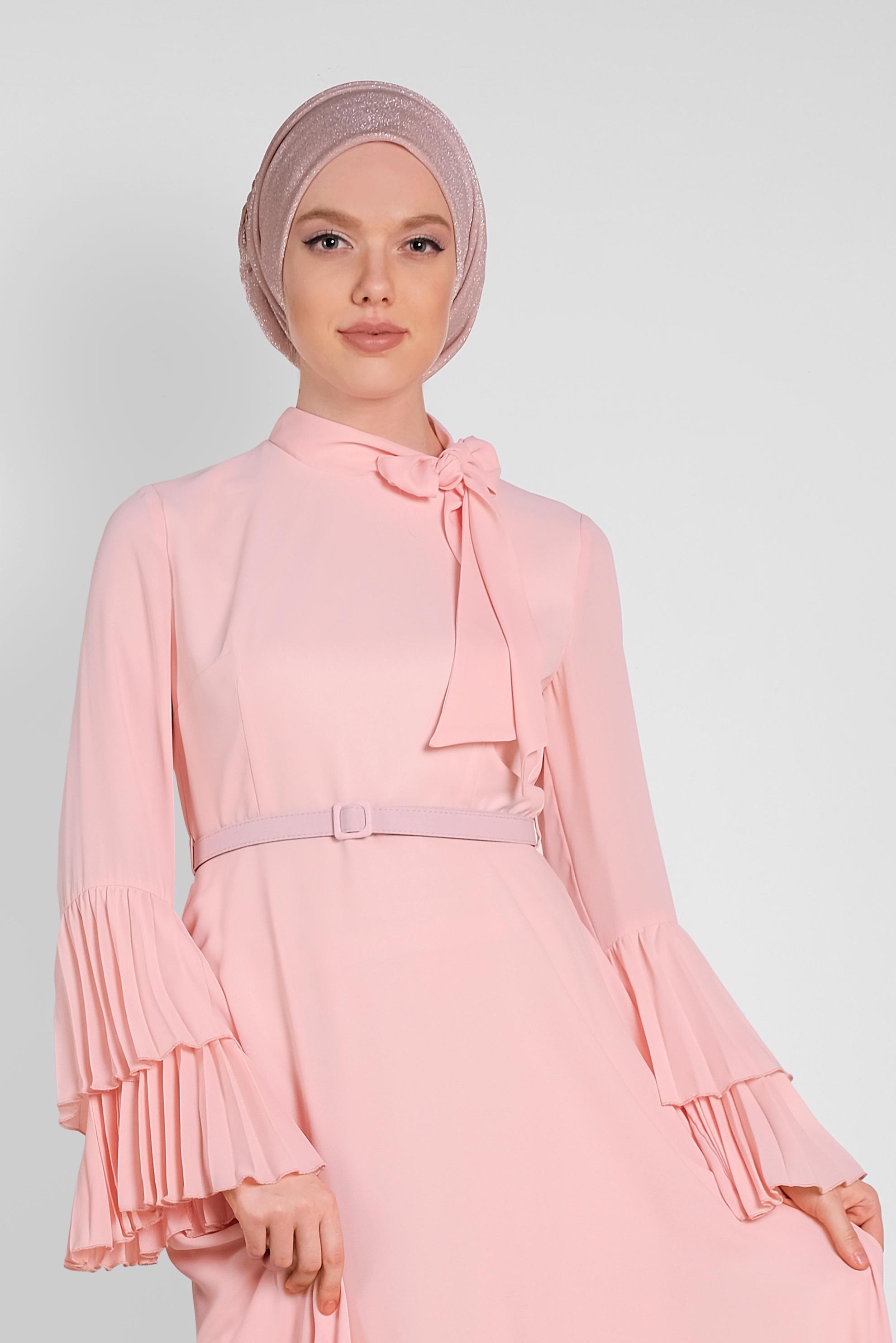Tesettür giyim PUDRA KOLLARI PİLİSELİ ELBİSE 4219