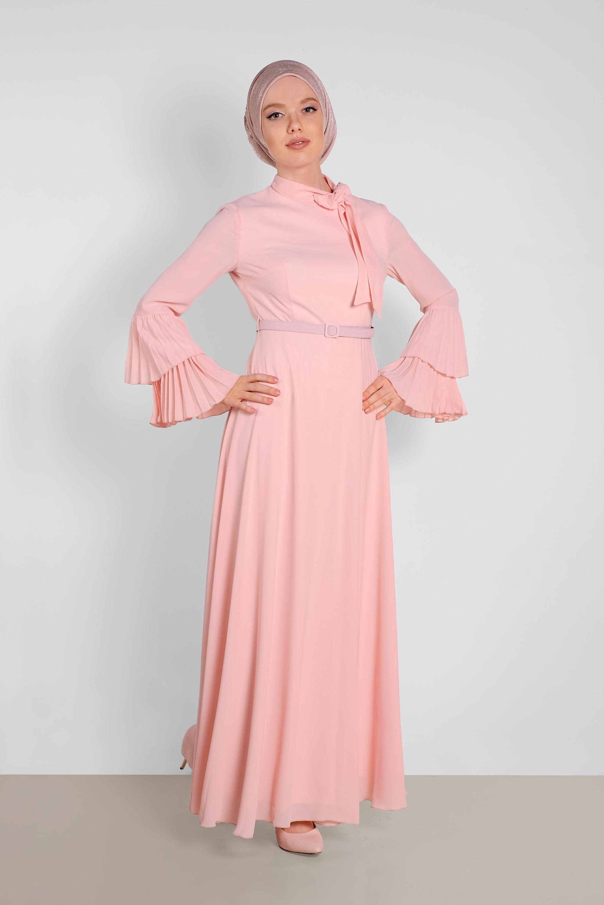 Tesettür giyim PUDRA KOLLARI PİLİSELİ ELBİSE 4219