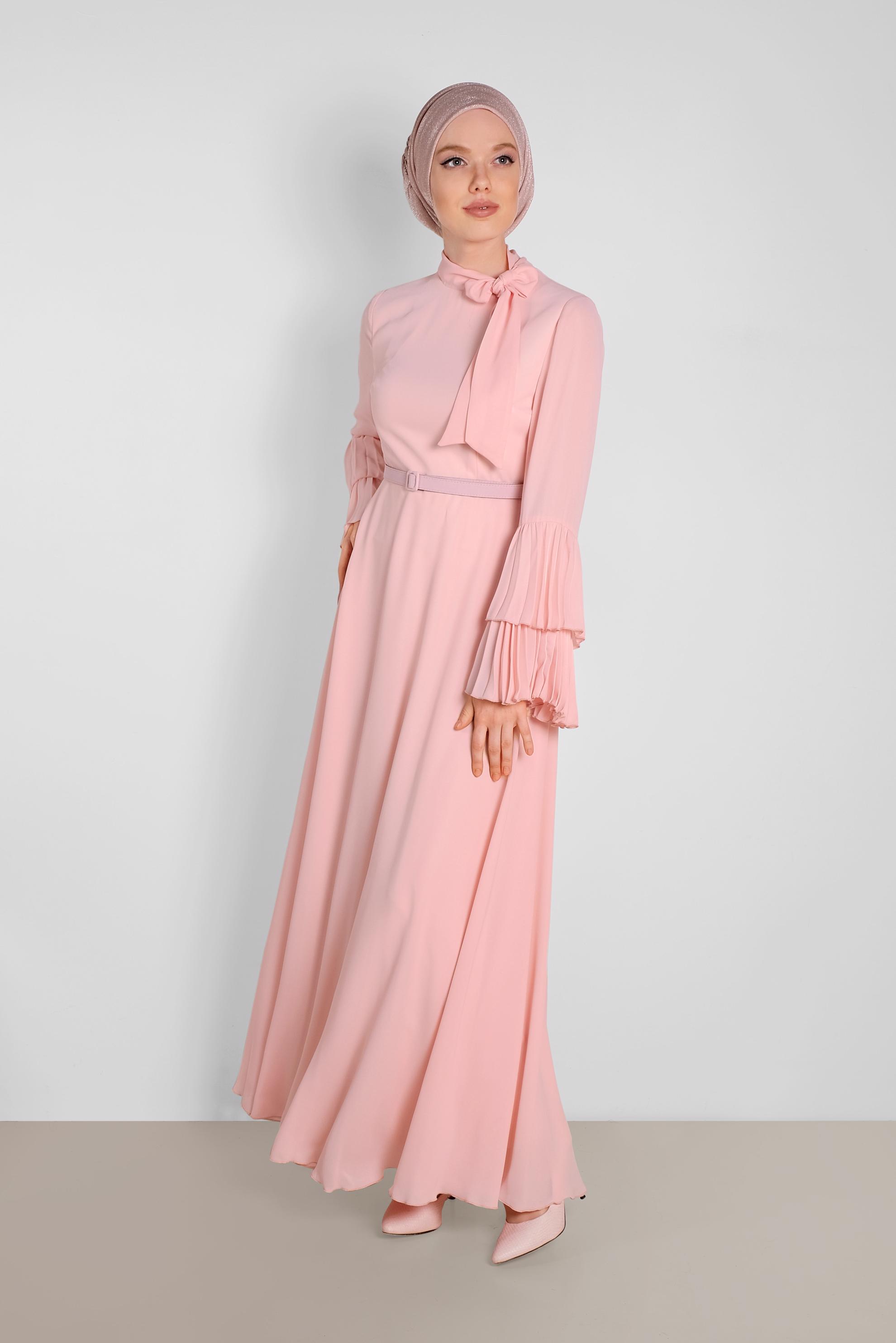 Tesettür giyim PUDRA KOLLARI PİLİSELİ ELBİSE 4219