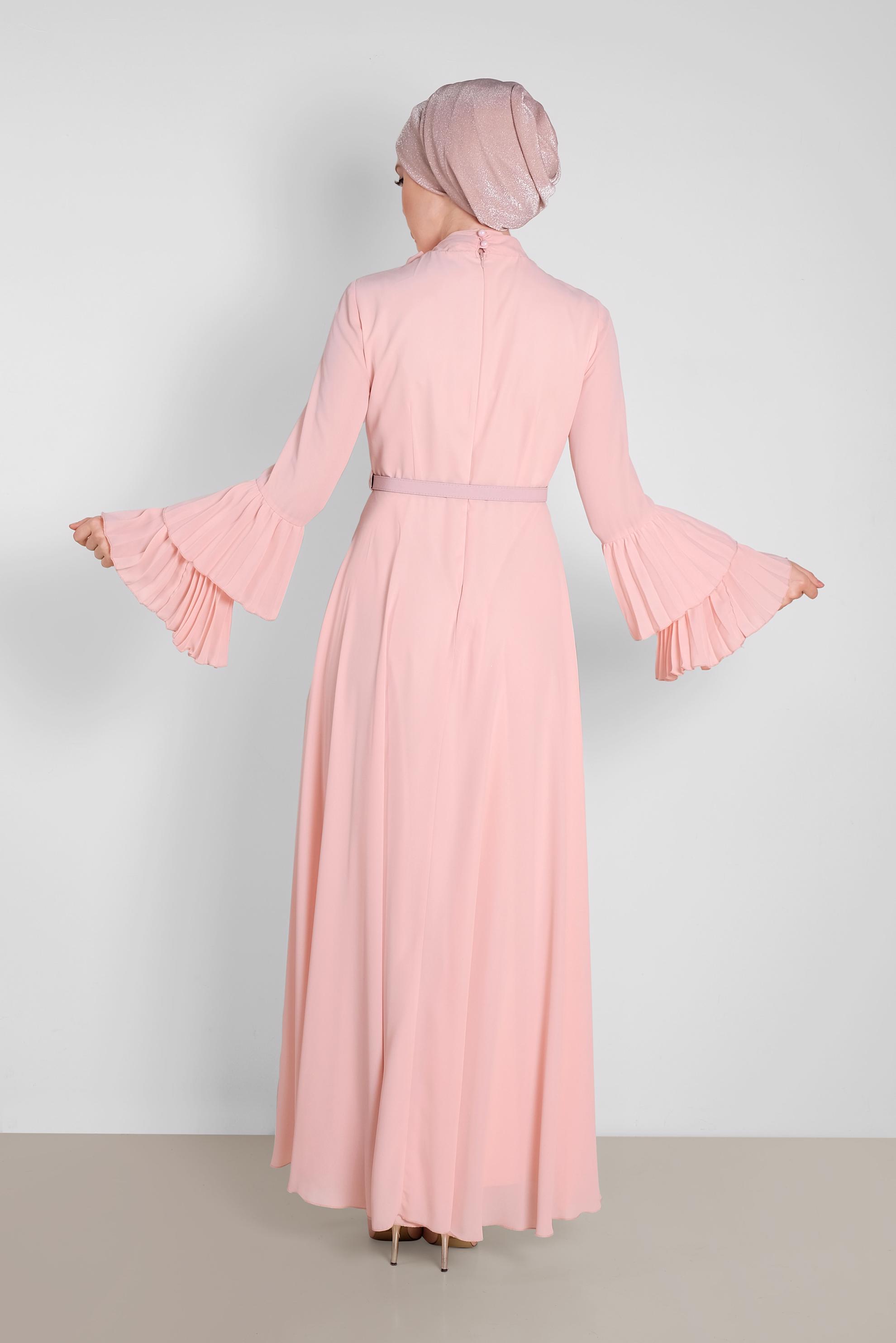 Tesettür giyim PUDRA KOLLARI PİLİSELİ ELBİSE 4219