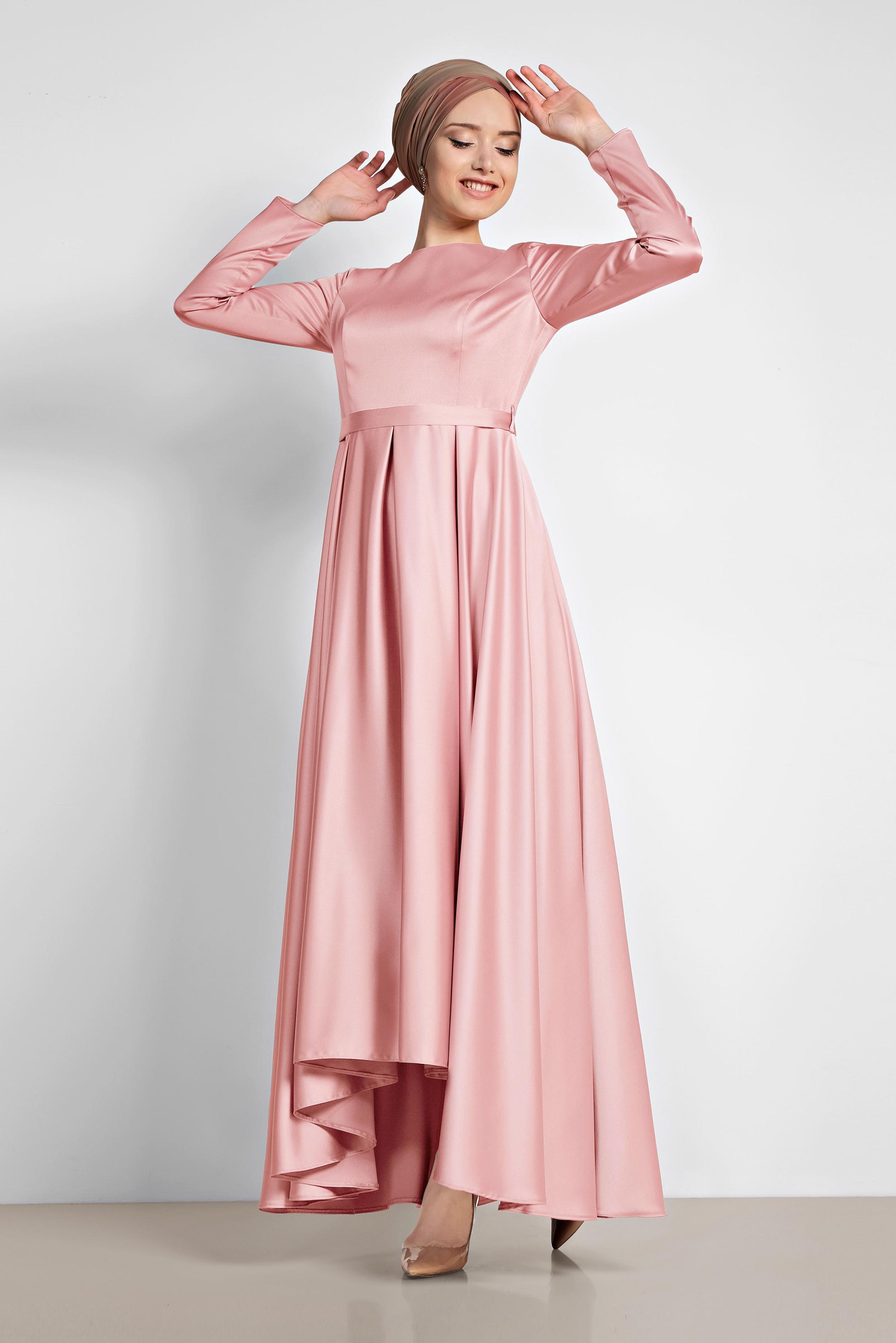 Tesettür giyim PEMBE SATEN ABİYE ELBİSE 4226