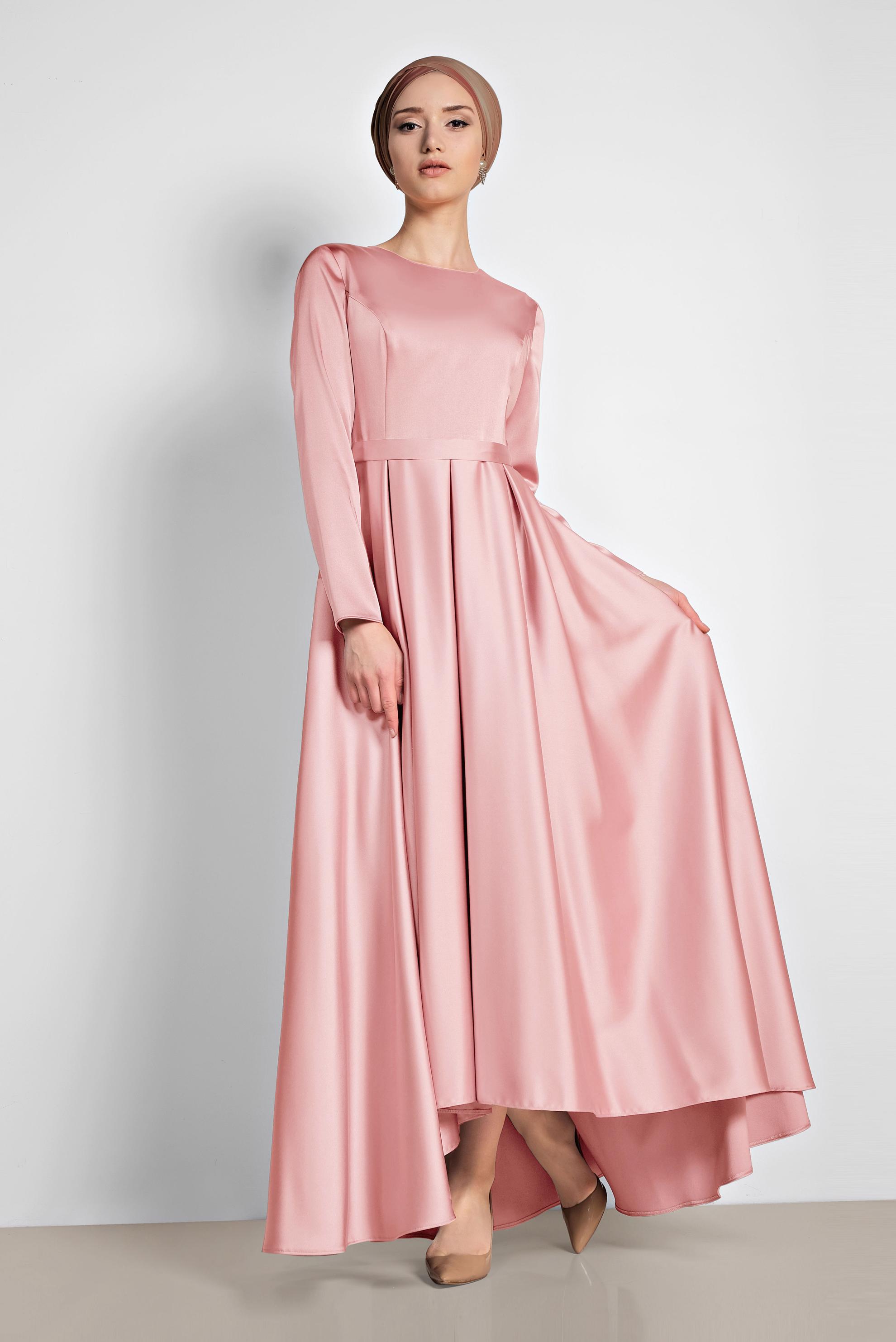 Tesettür giyim PEMBE SATEN ABİYE ELBİSE 4226
