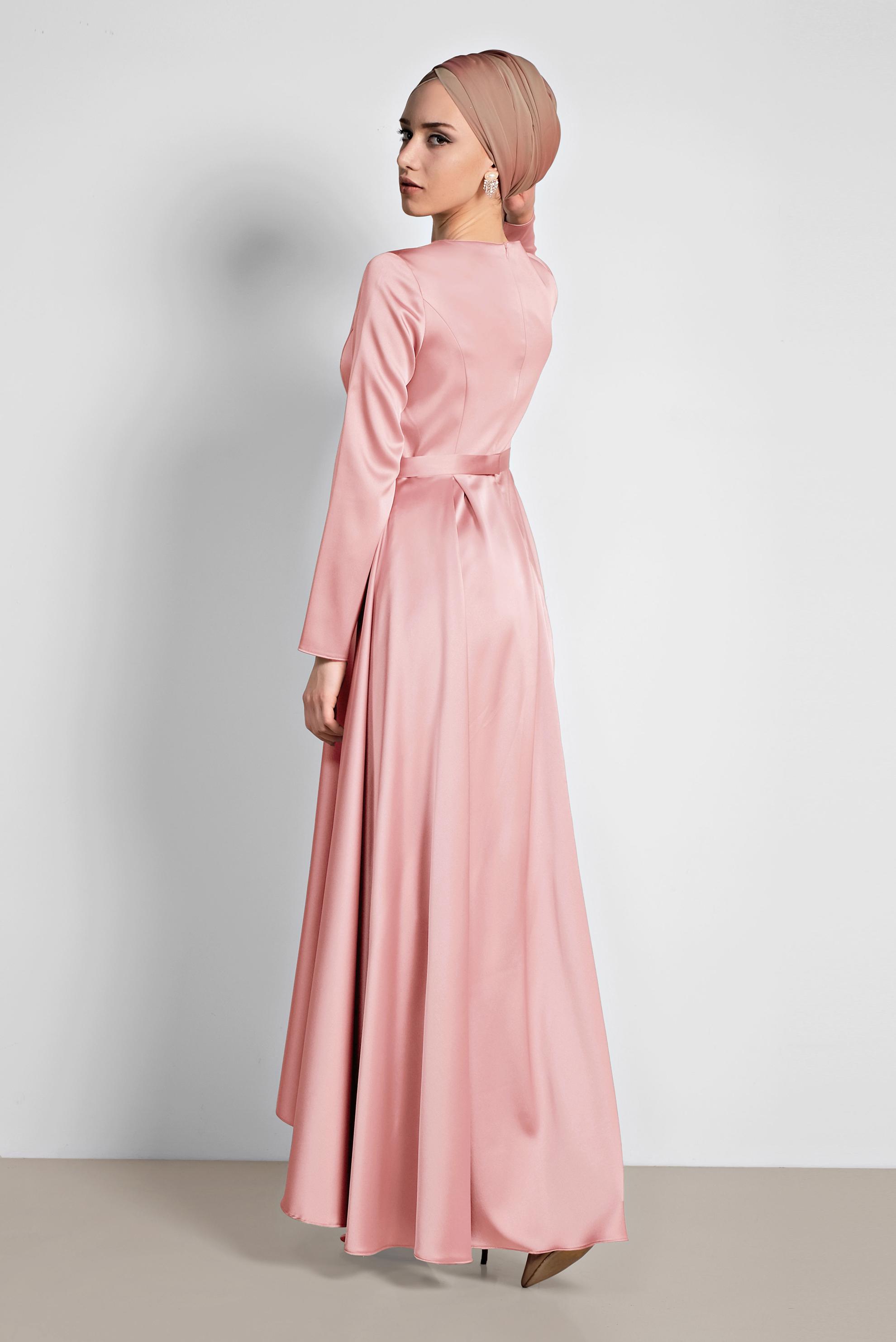 Tesettür giyim PEMBE SATEN ABİYE ELBİSE 4226