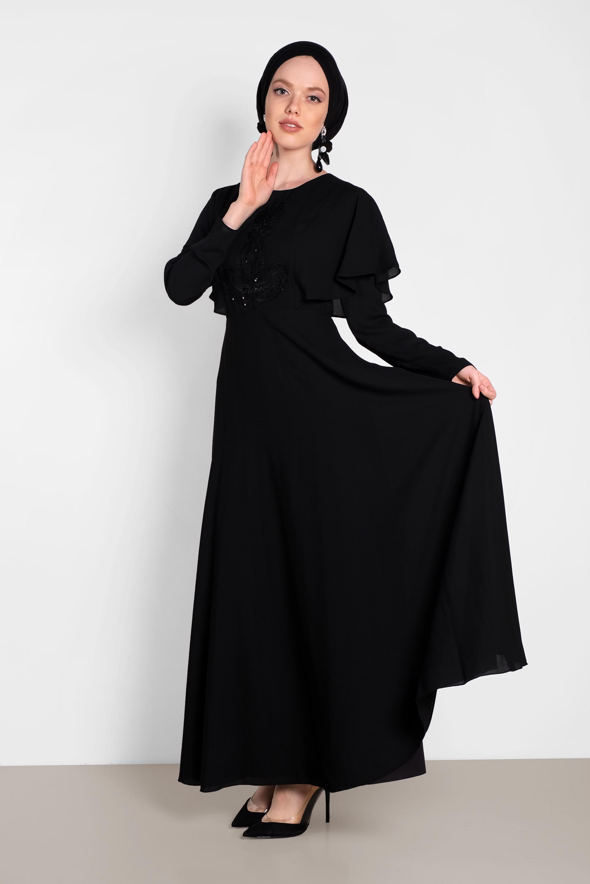 Tesettür giyim SİYAH NAKIŞ İŞLEMELİ VOLANLI ELBİSE 4268