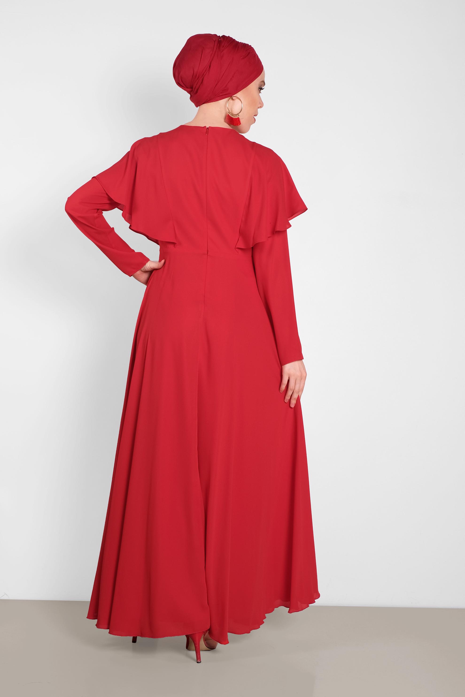 Tesettür giyim KIRMIZI NAKIŞ İŞLEMELİ VOLANLI ELBİSE 4268