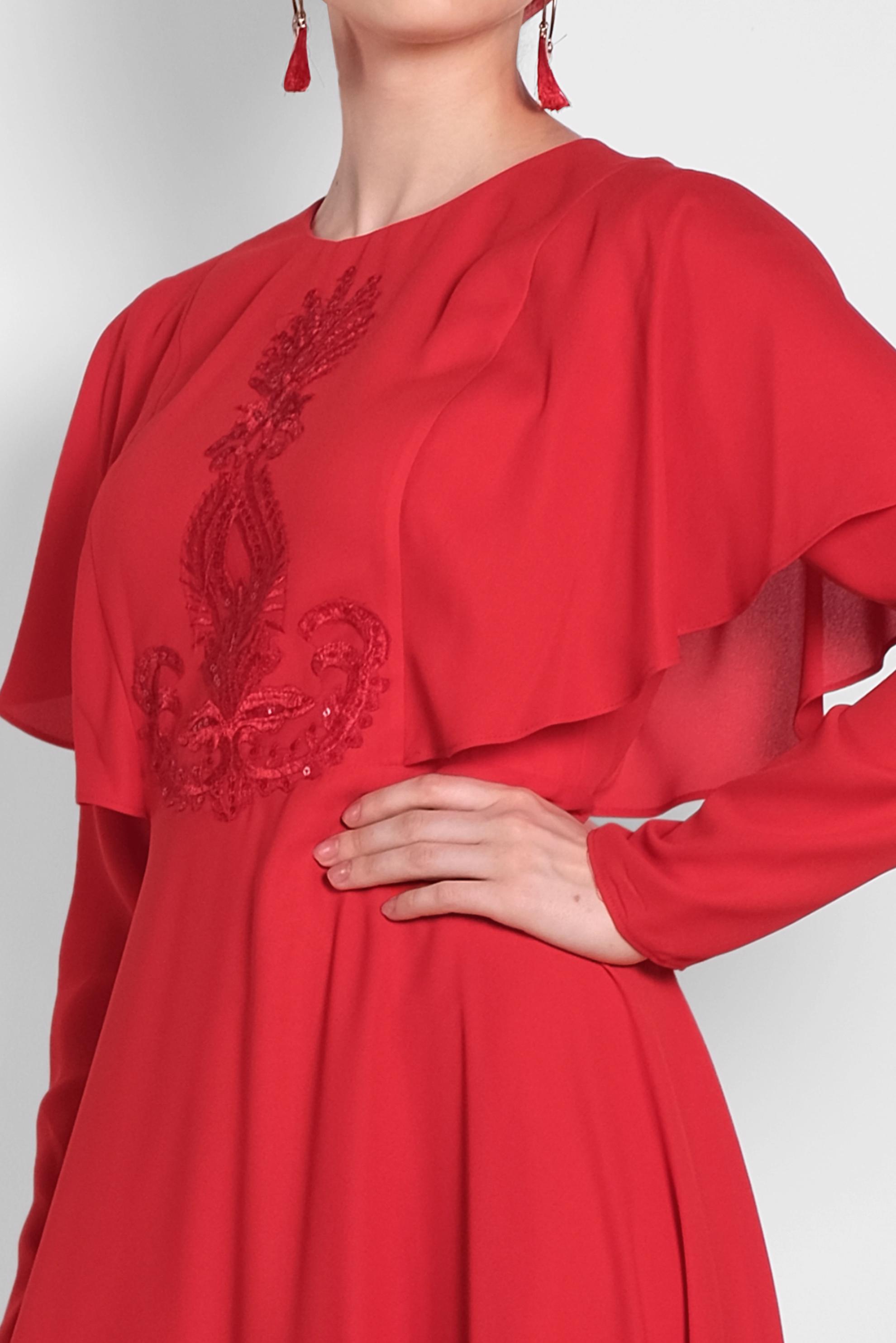 Tesettür giyim KIRMIZI NAKIŞ İŞLEMELİ VOLANLI ELBİSE 4268