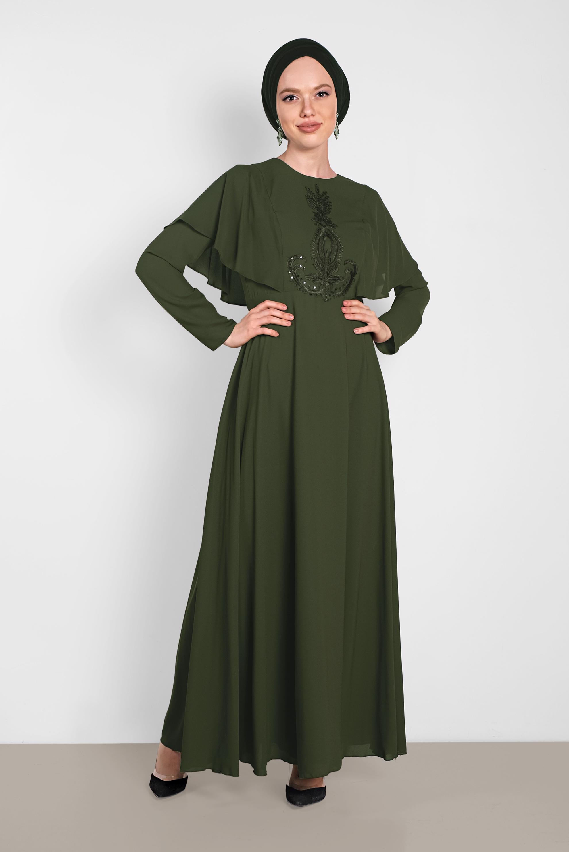 Tesettür giyim HAKİ NAKIŞ İŞLEMELİ VOLANLI ELBİSE 4268