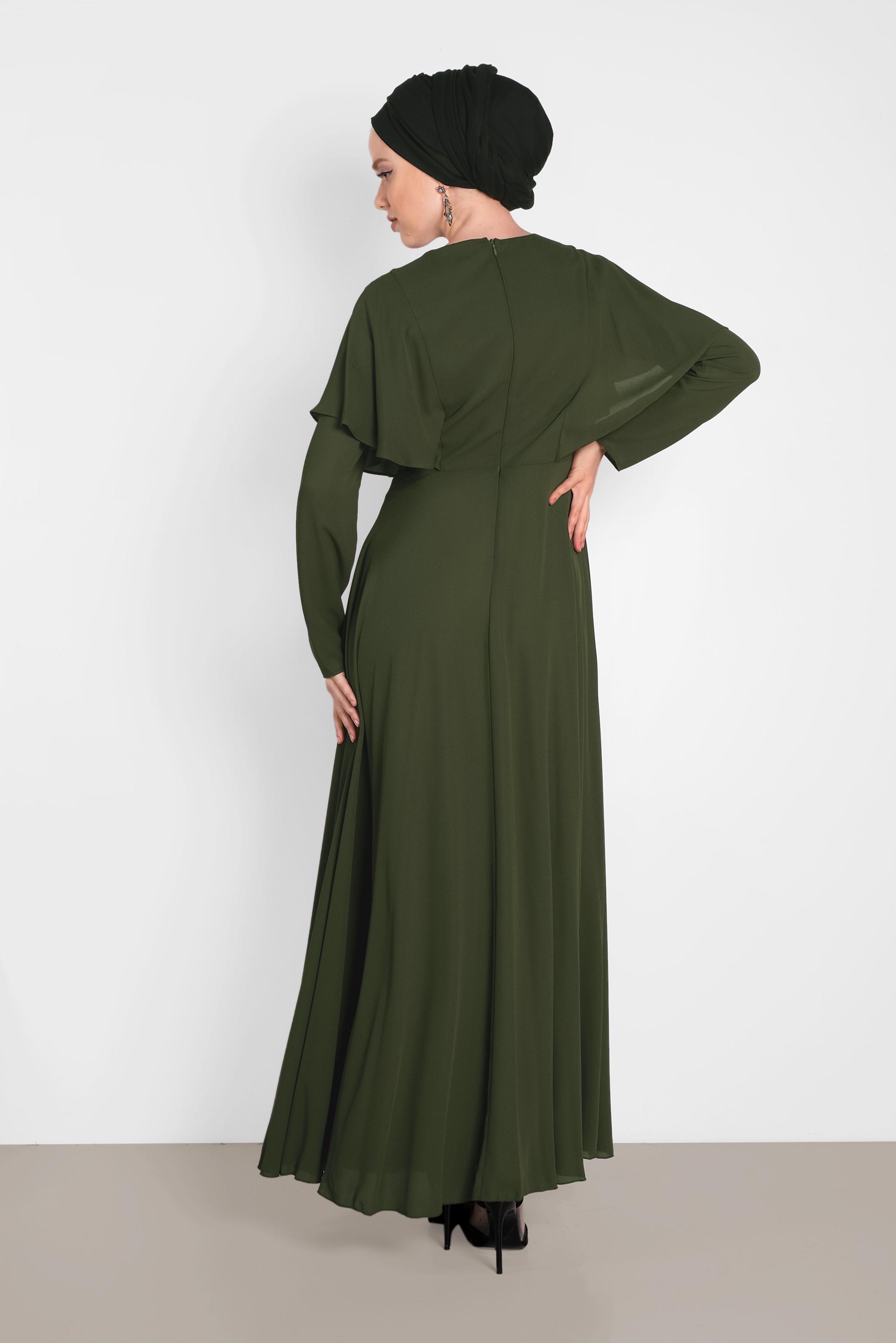 Tesettür giyim HAKİ NAKIŞ İŞLEMELİ VOLANLI ELBİSE 4268