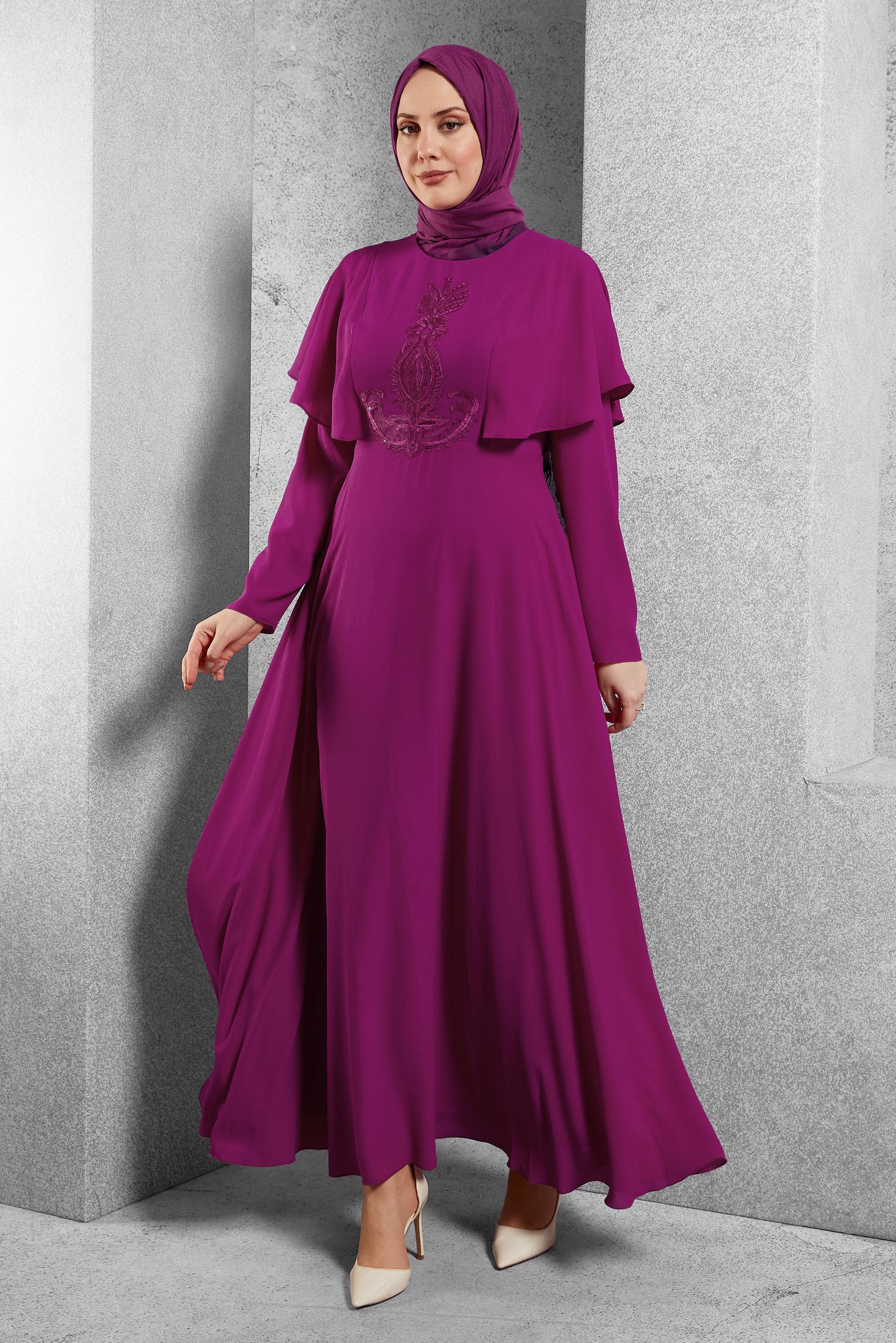 Tesettür giyim MOR NAKIŞ İŞLEMELİ VOLANLI ELBİSE 4268