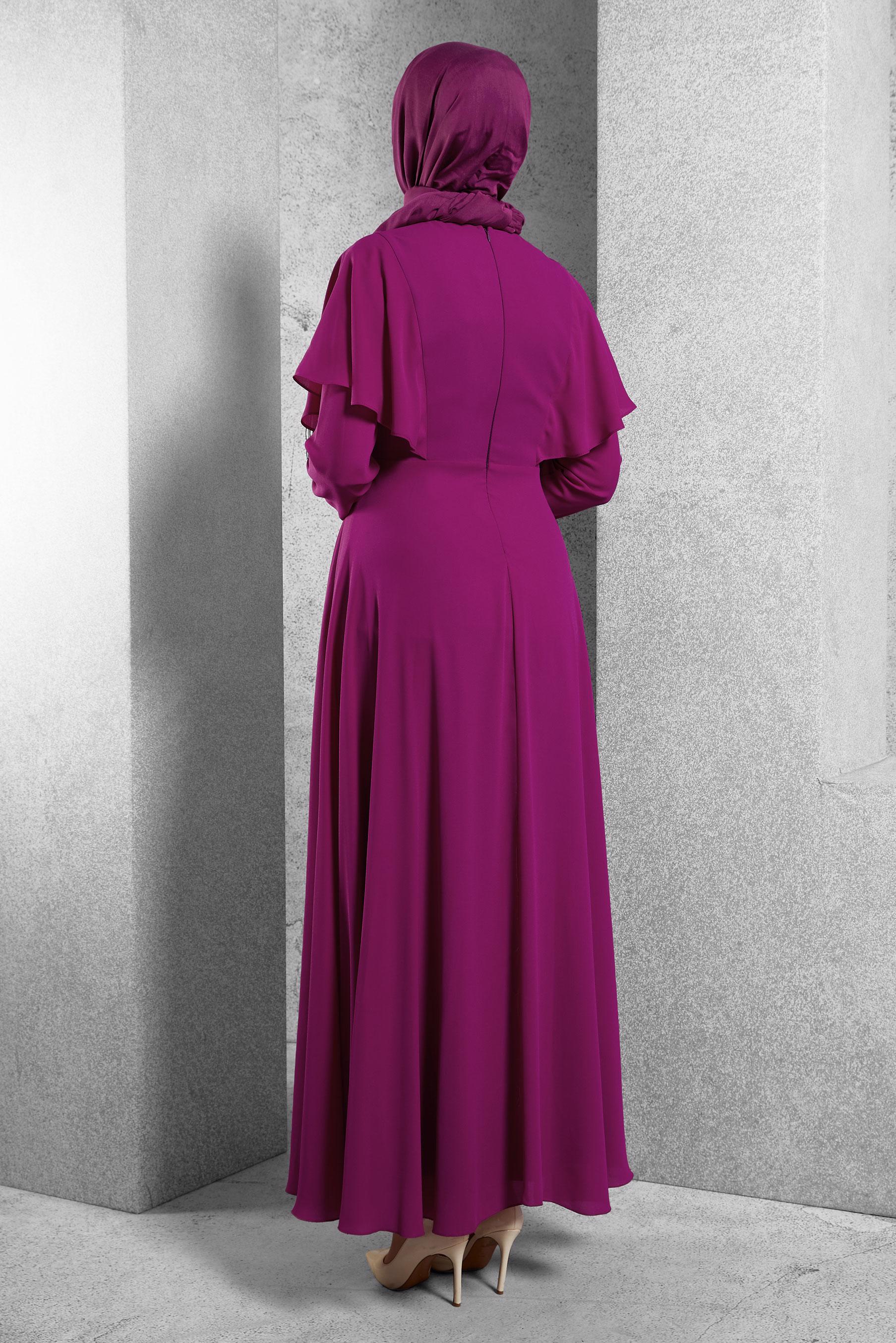 Tesettür giyim MOR NAKIŞ İŞLEMELİ VOLANLI ELBİSE 4268