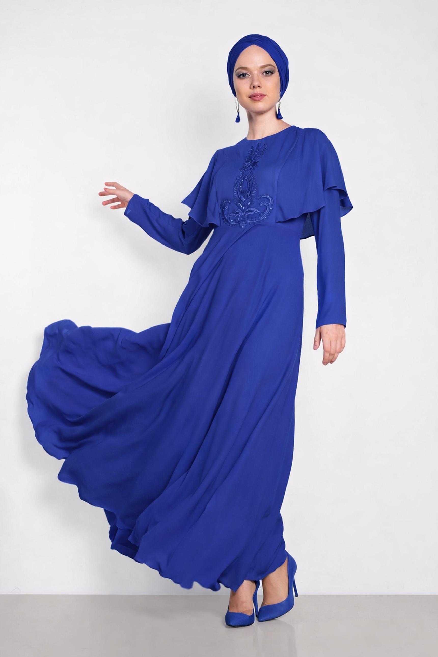 Hijab clothing BLUE EMBROIDERY DETAIL FRILLED DRESS 4268