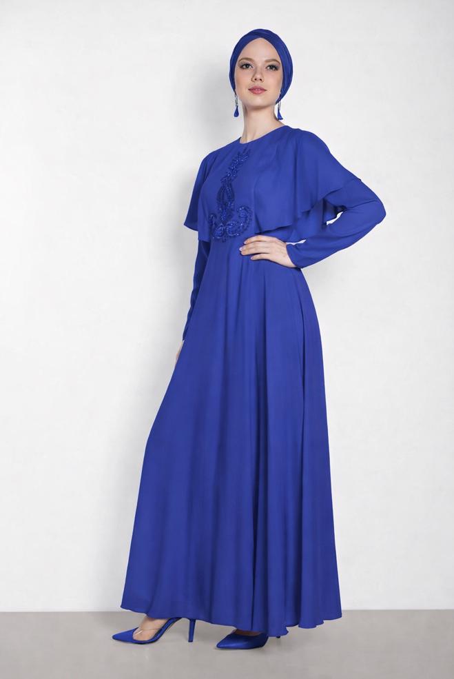 Hijab clothing BLUE EMBROIDERY DETAIL FRILLED DRESS 4268 - ALVİNA