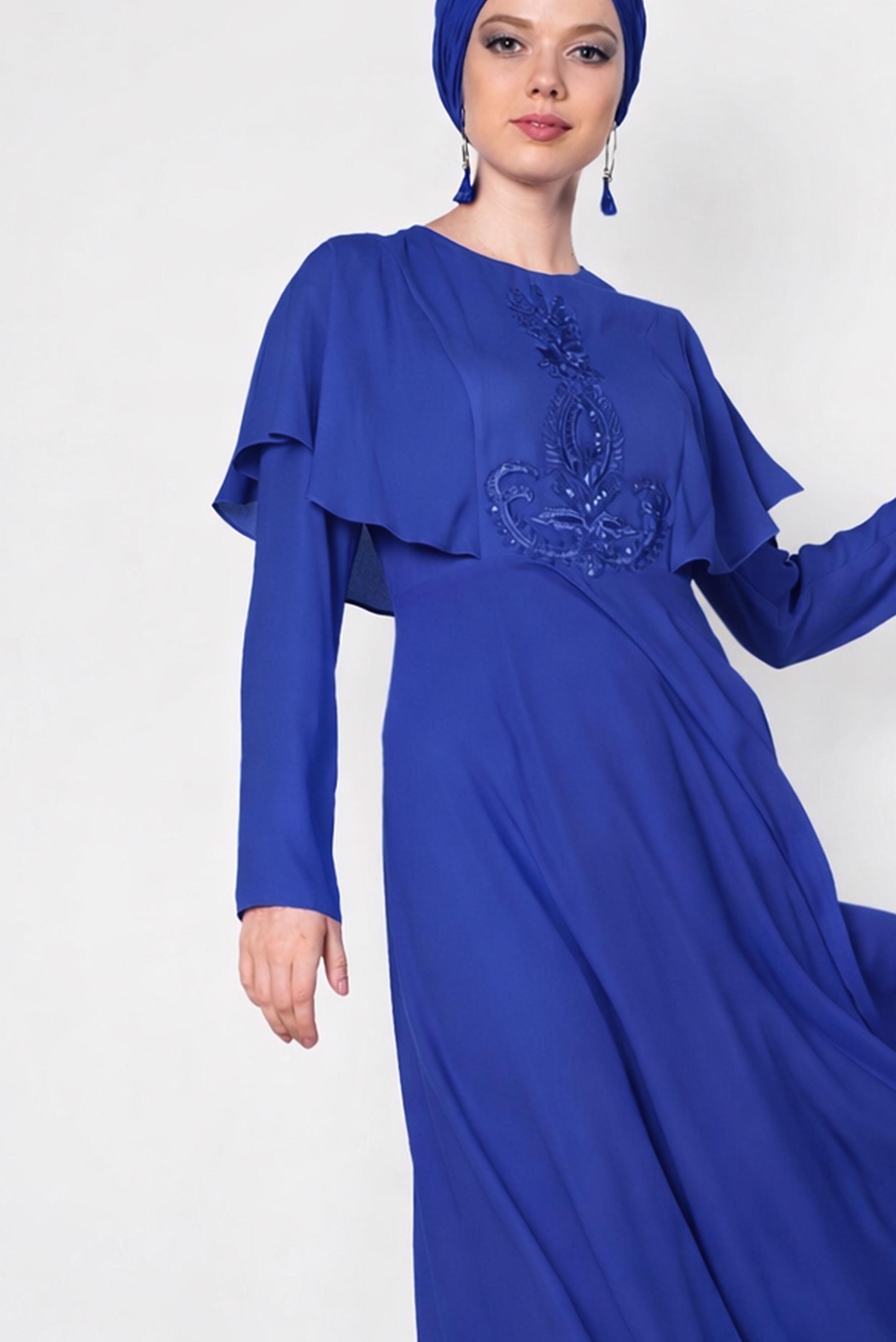 Hijab clothing BLUE EMBROIDERY DETAIL FRILLED DRESS 4268