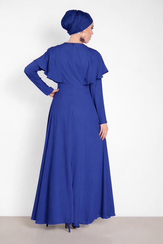 Hijab clothing BLUE EMBROIDERY DETAIL FRILLED DRESS 4268 - ALVİNA