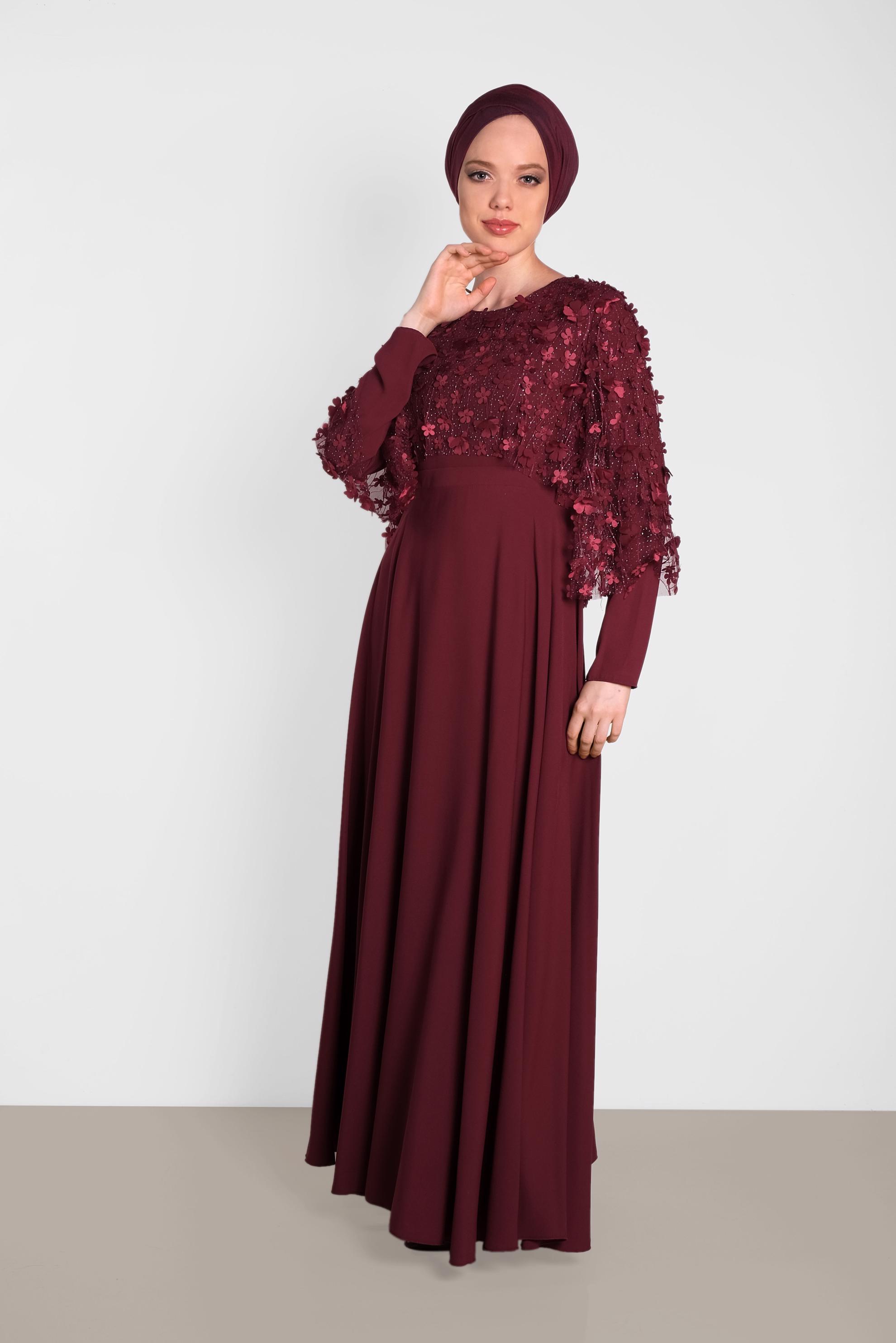 Vêtements hijab ROUGE BORDEAUX ROBE À MOTIFS FLEURS EN TROIS DIMENSIONS 4269