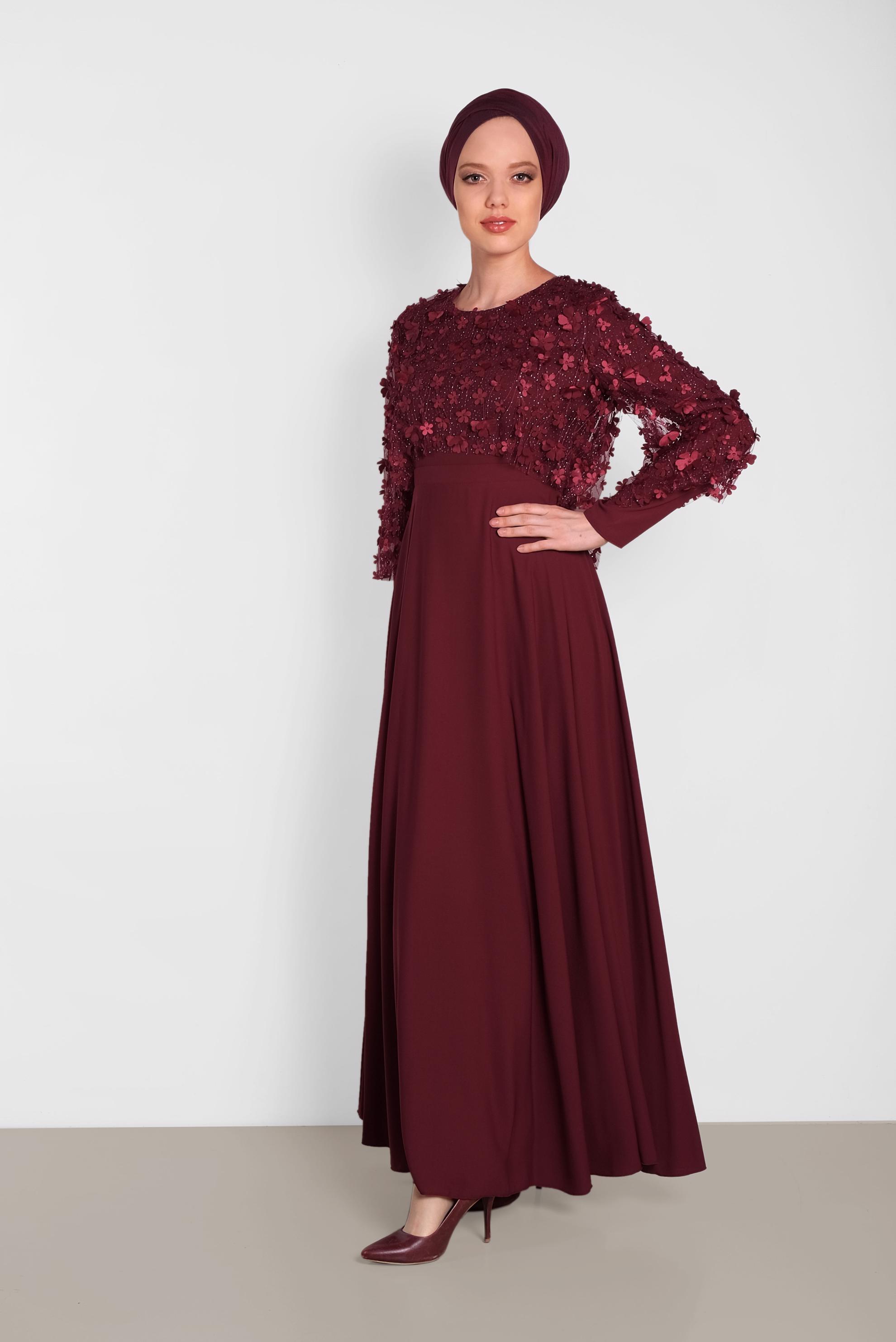 Vêtements hijab ROUGE BORDEAUX ROBE À MOTIFS FLEURS EN TROIS DIMENSIONS 4269