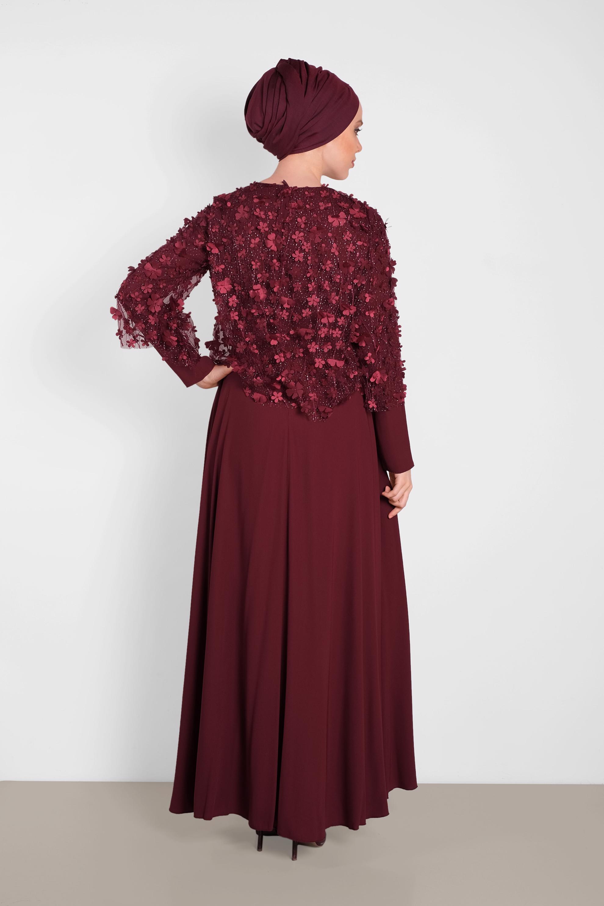 Vêtements hijab ROUGE BORDEAUX ROBE À MOTIFS FLEURS EN TROIS DIMENSIONS 4269