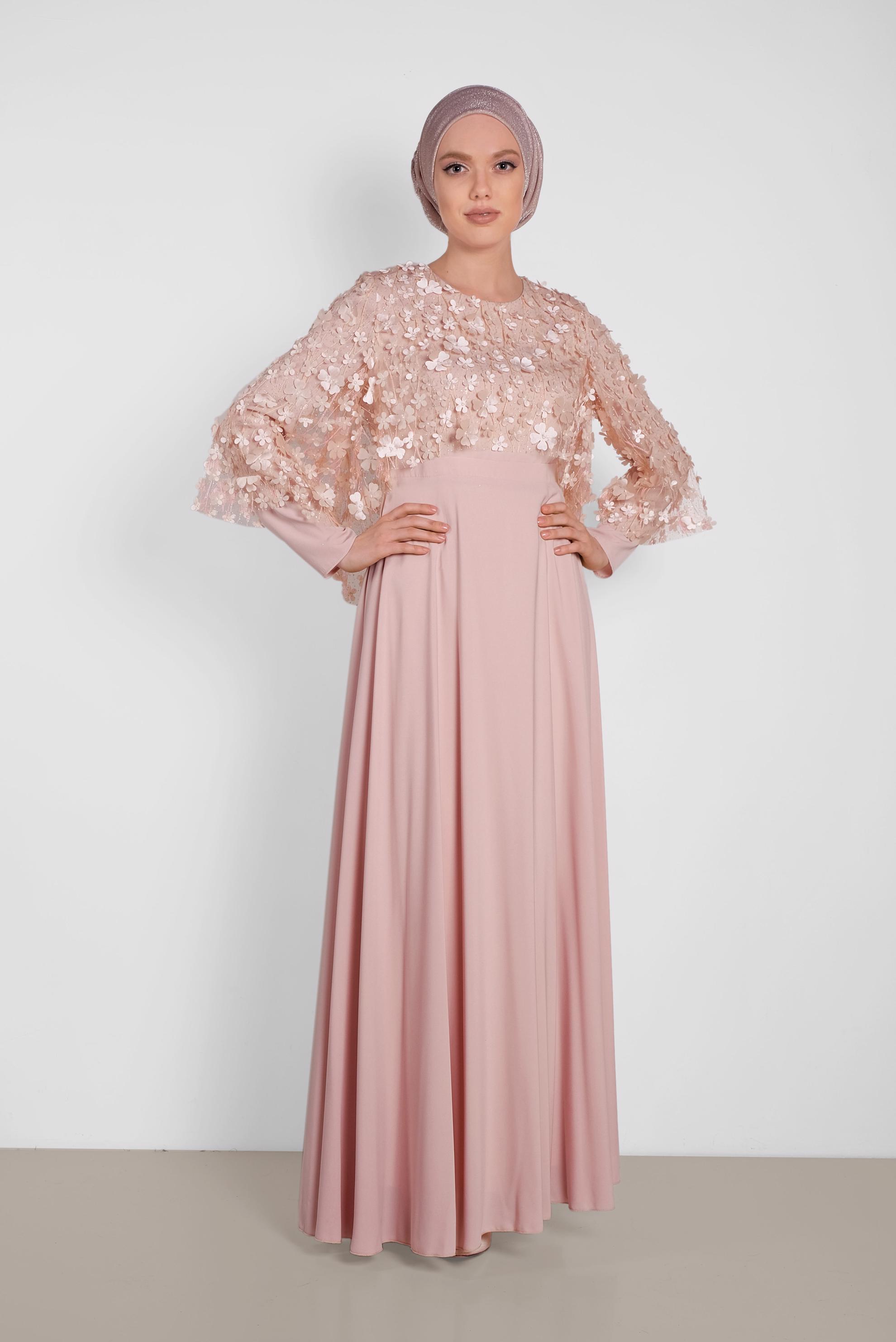 Tesettür giyim PUDRA ÜÇ BOYUTLU ÇİÇEK DESENLİ ELBİSE 4269