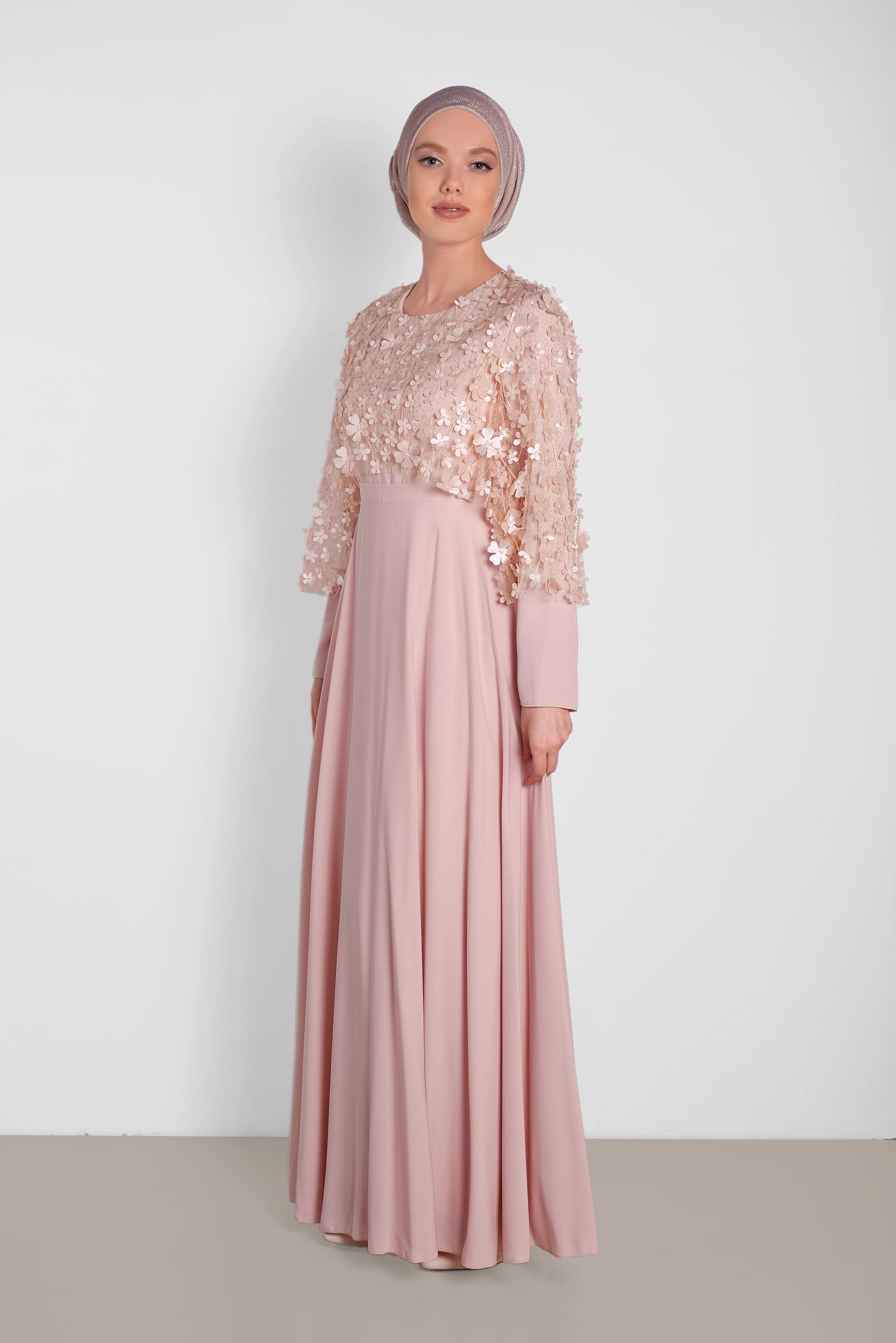 Tesettür giyim PUDRA ÜÇ BOYUTLU ÇİÇEK DESENLİ ELBİSE 4269