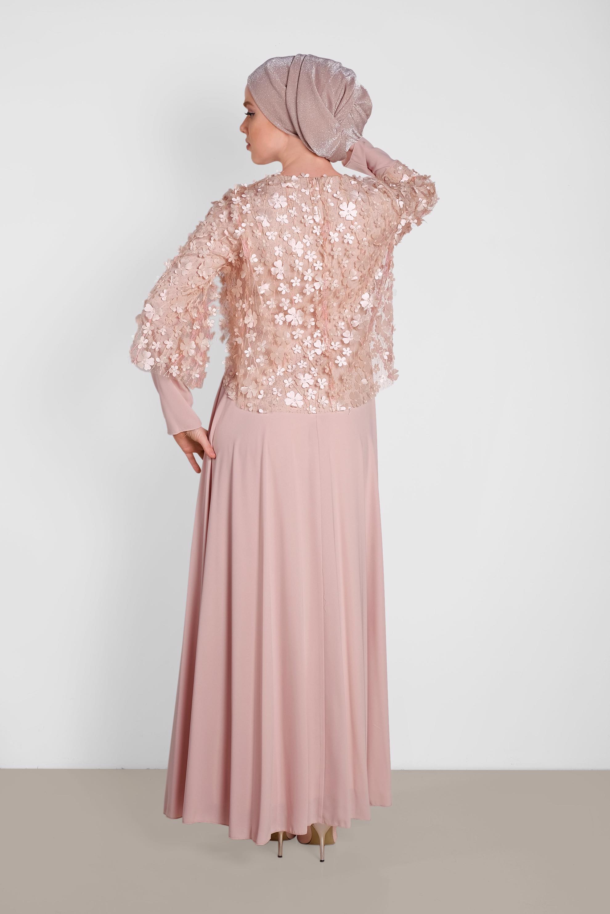 Tesettür giyim PUDRA ÜÇ BOYUTLU ÇİÇEK DESENLİ ELBİSE 4269