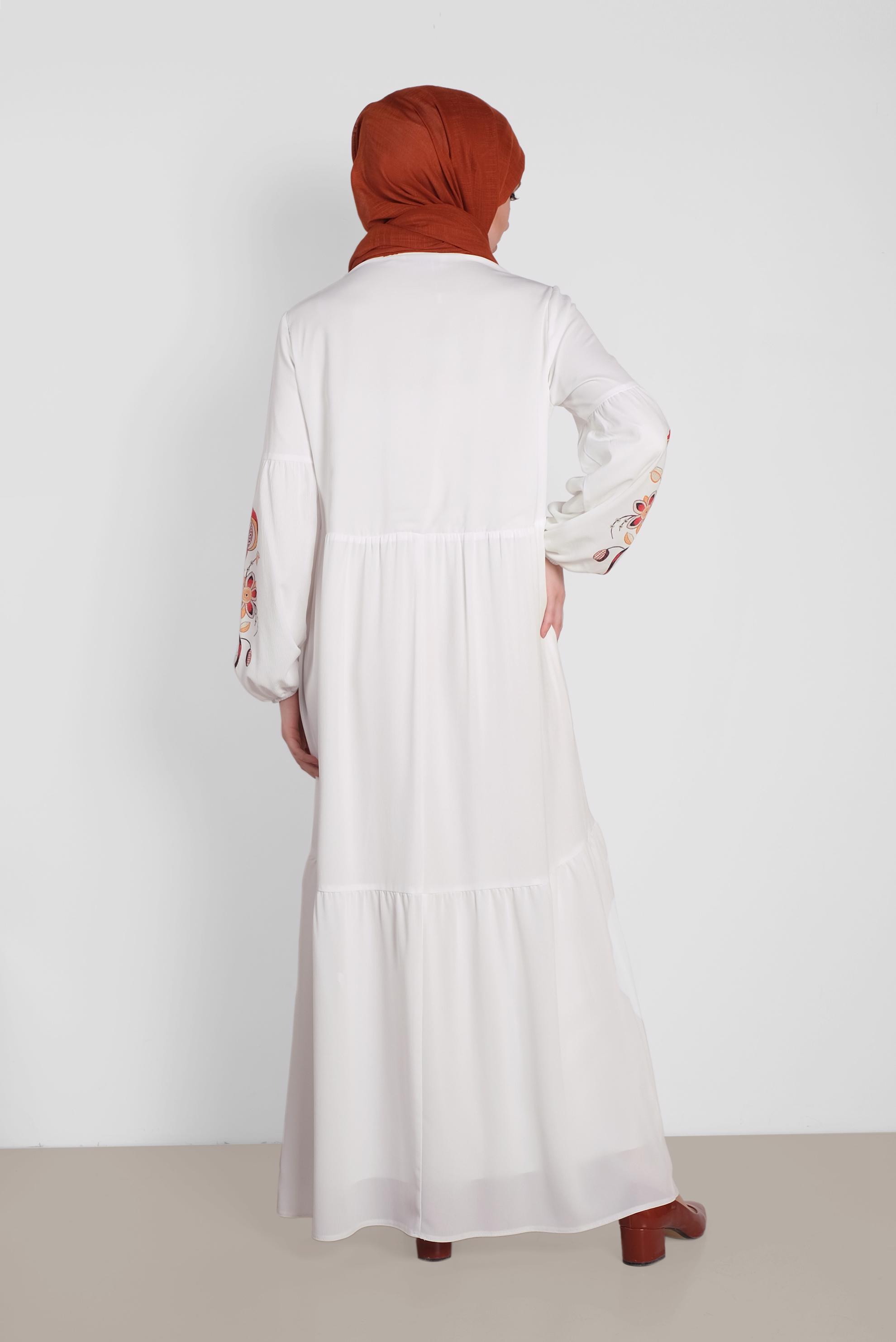 Tesettür giyim BEYAZ ÇİÇEK İŞLEMELİ ELBİSE 4292