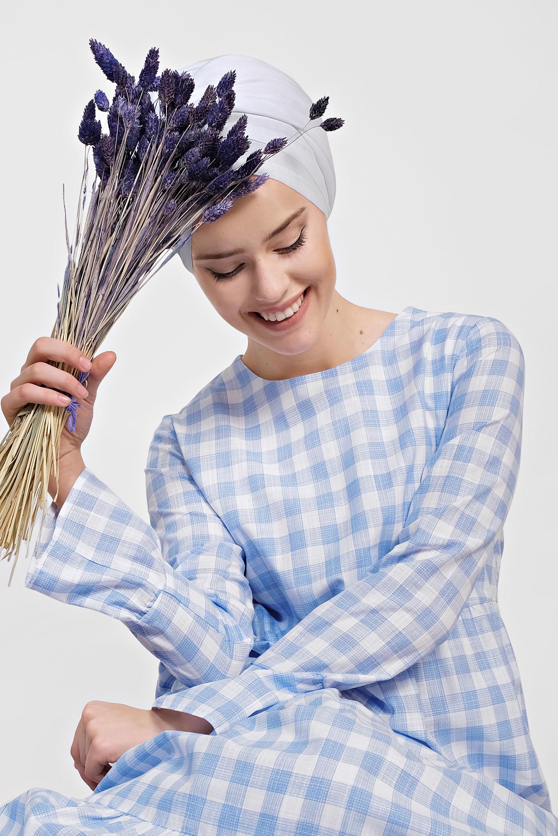 Tesettür giyim MAVİ PAMUKLU EKOSE DESENLİ ELBİSE 4333