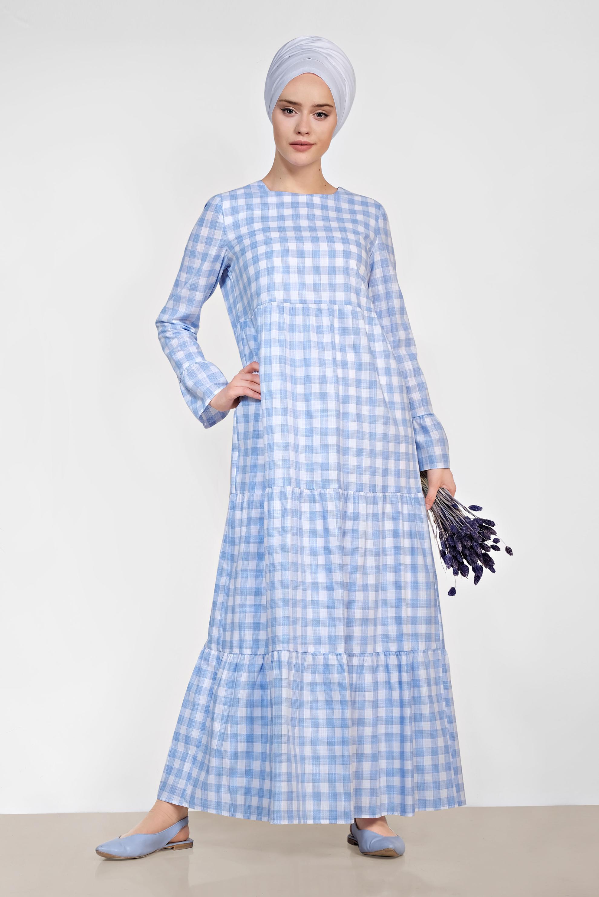 Tesettür giyim MAVİ PAMUKLU EKOSE DESENLİ ELBİSE 4333