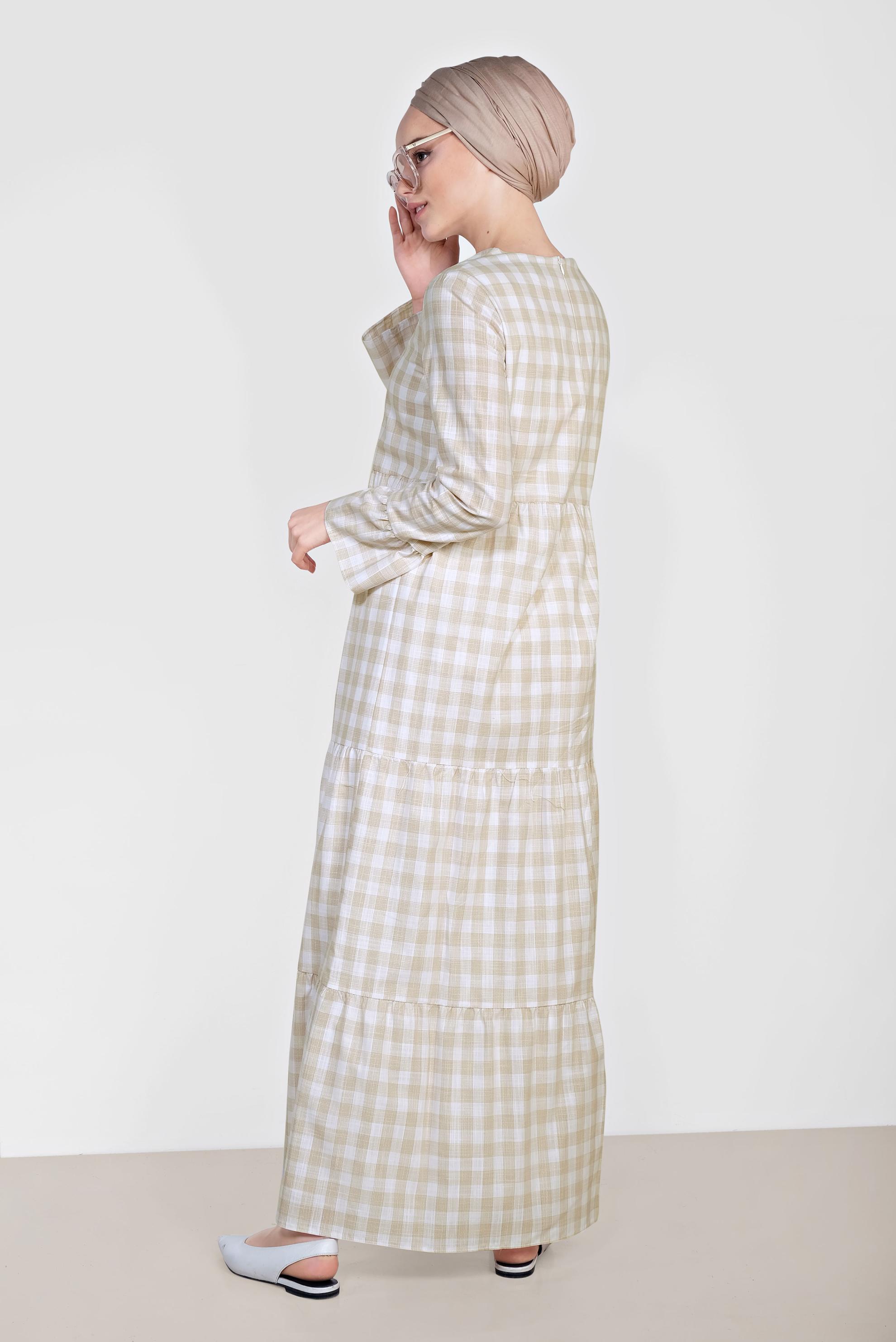 Tesettür giyim BEJ PAMUKLU EKOSE DESENLİ ELBİSE 4333