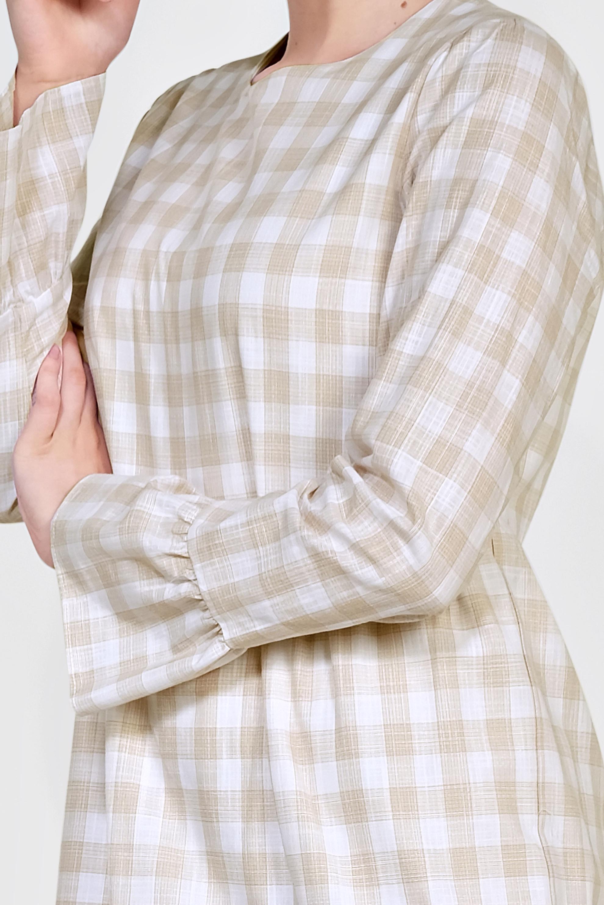 Tesettür giyim BEJ PAMUKLU EKOSE DESENLİ ELBİSE 4333