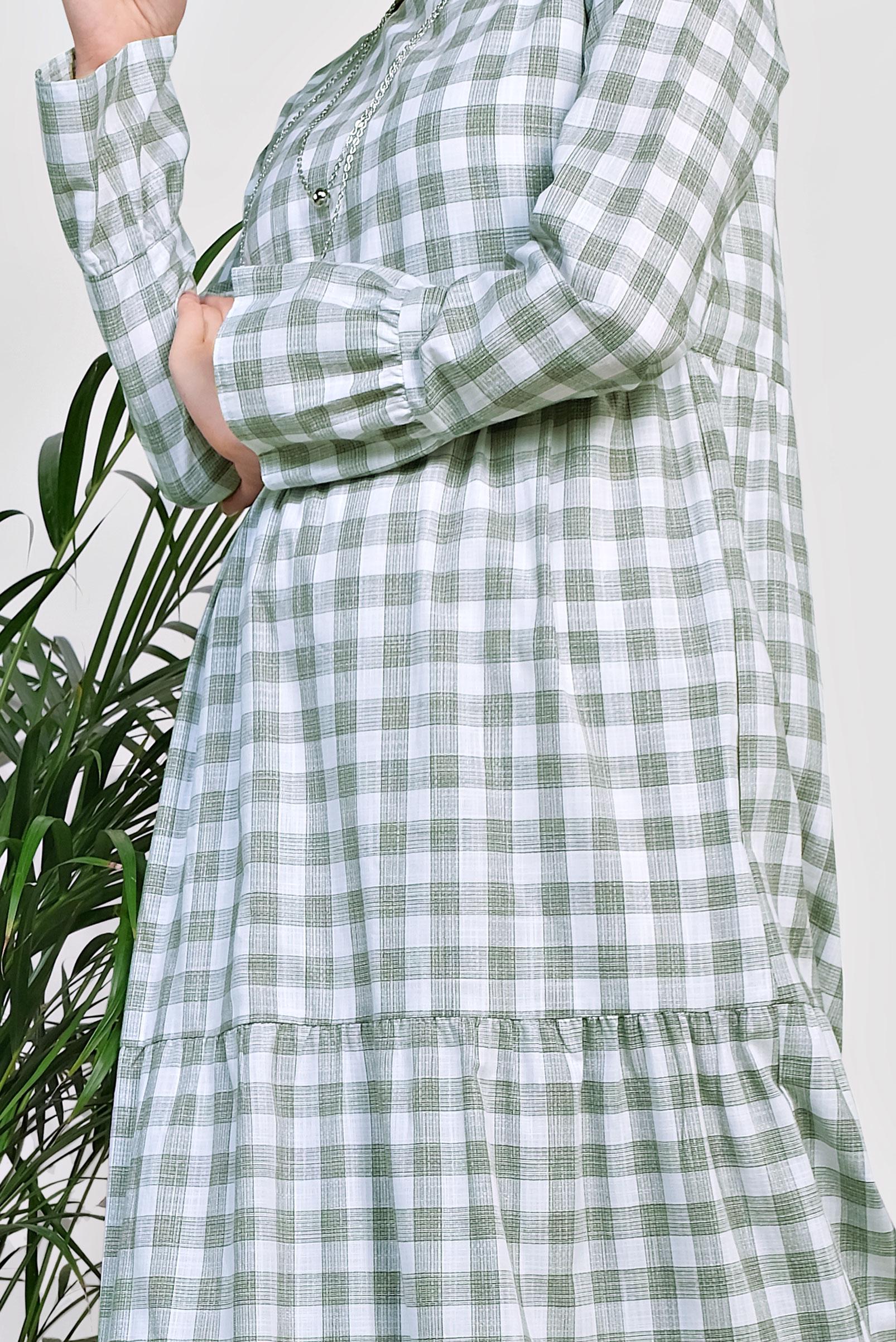 Tesettür giyim HAKİ PAMUKLU EKOSE DESENLİ ELBİSE 4333