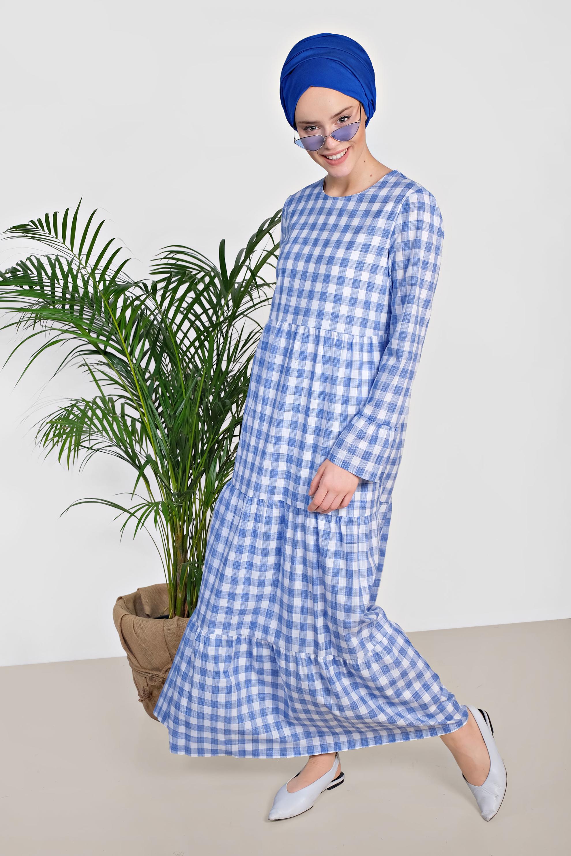 Tesettür giyim LACİVERT PAMUKLU EKOSE DESENLİ ELBİSE 4333