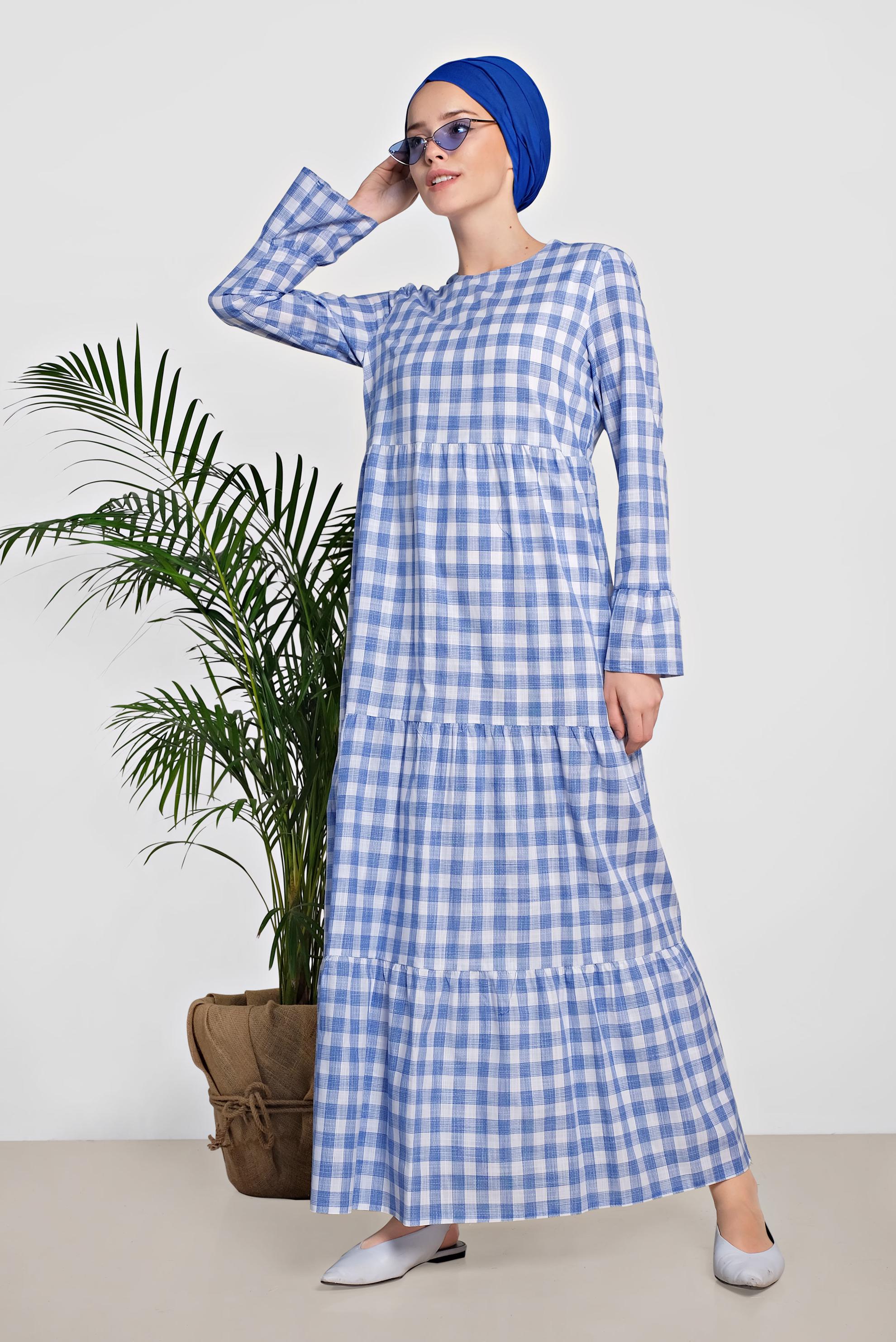 Tesettür giyim LACİVERT PAMUKLU EKOSE DESENLİ ELBİSE 4333