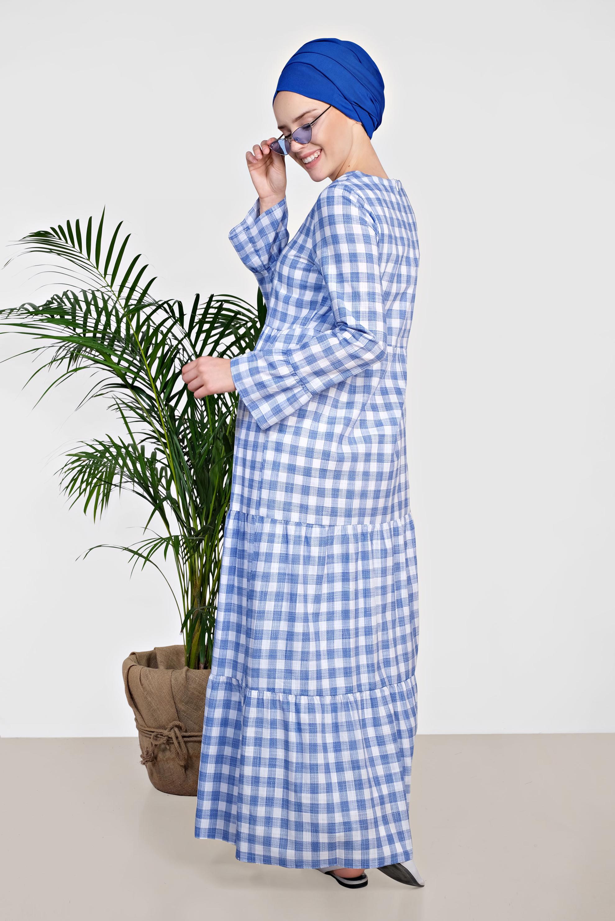 Tesettür giyim LACİVERT PAMUKLU EKOSE DESENLİ ELBİSE 4333