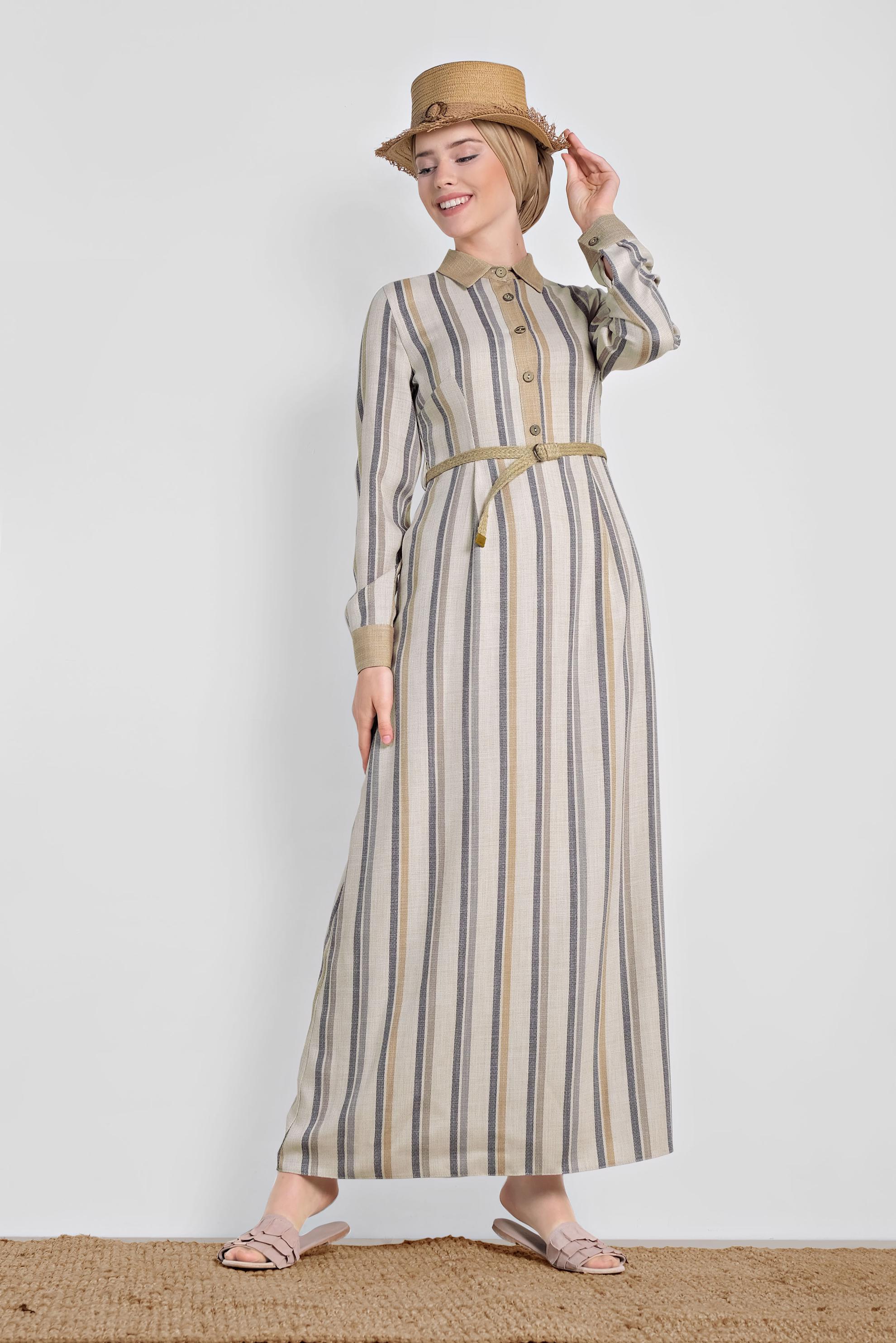 Tesettür giyim GRİ ÇİZGİ DESENLİ DÜĞMELİ ELBİSE 4353