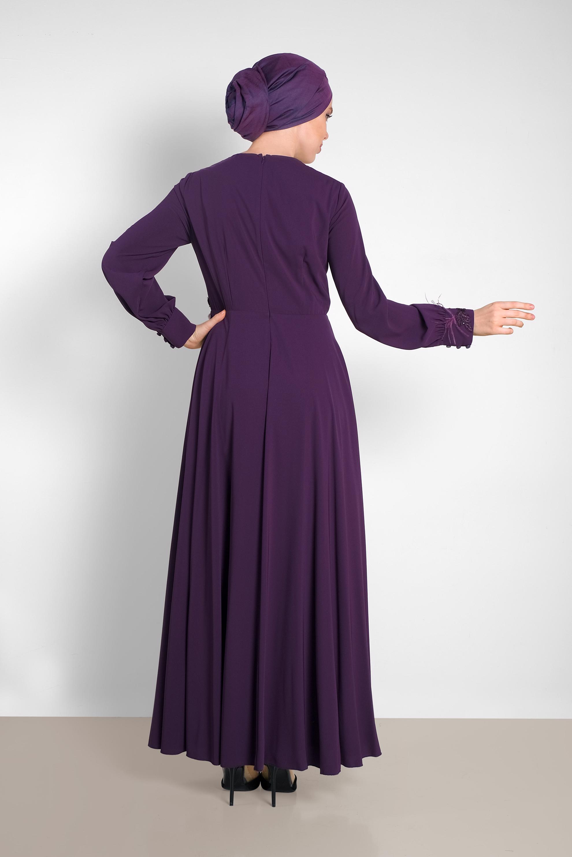 Tesettür giyim MOR GÜPÜR DETAYLI ELBİSE 4433