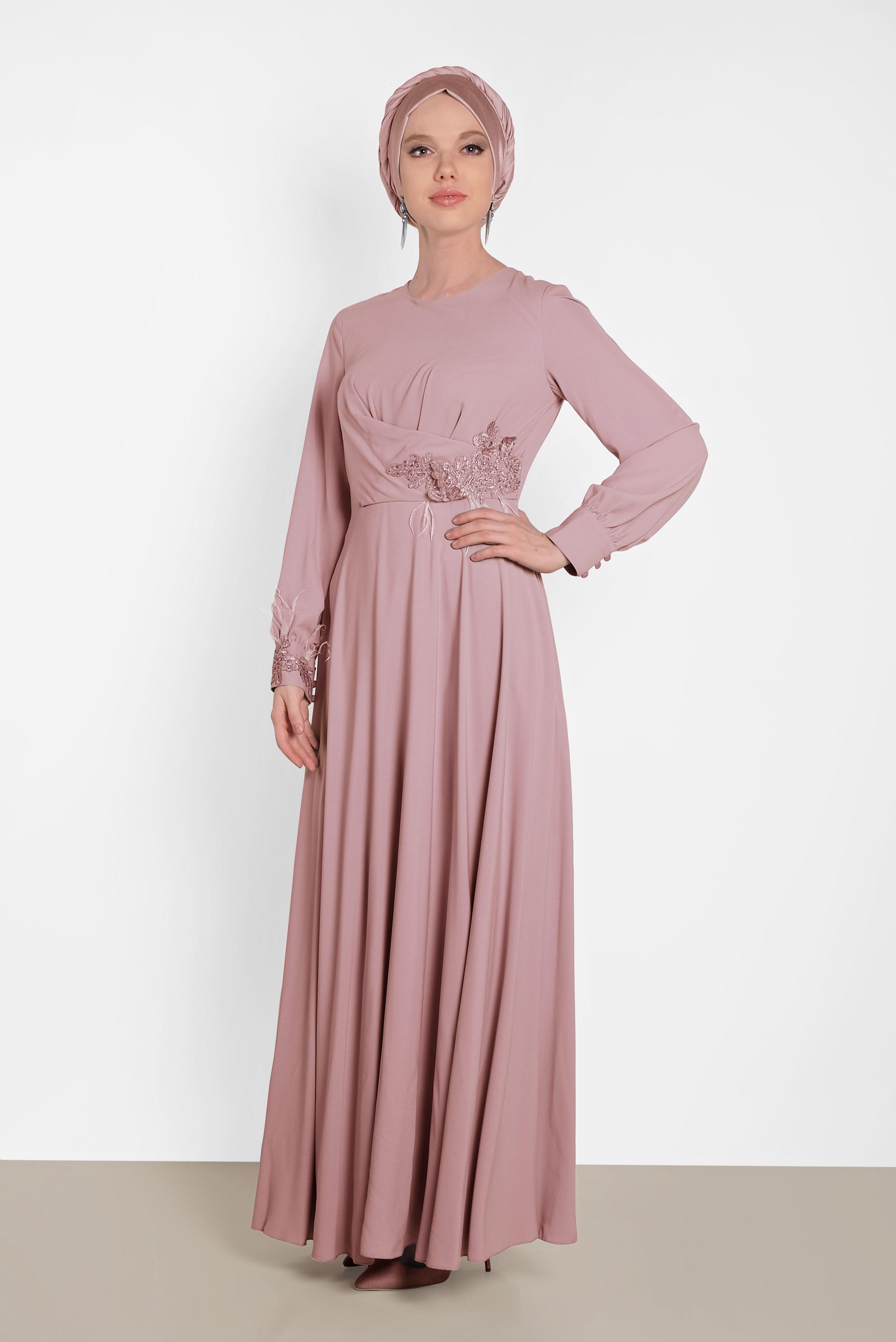 Tesettür giyim PUDRA GÜPÜR DETAYLI ELBİSE 4433