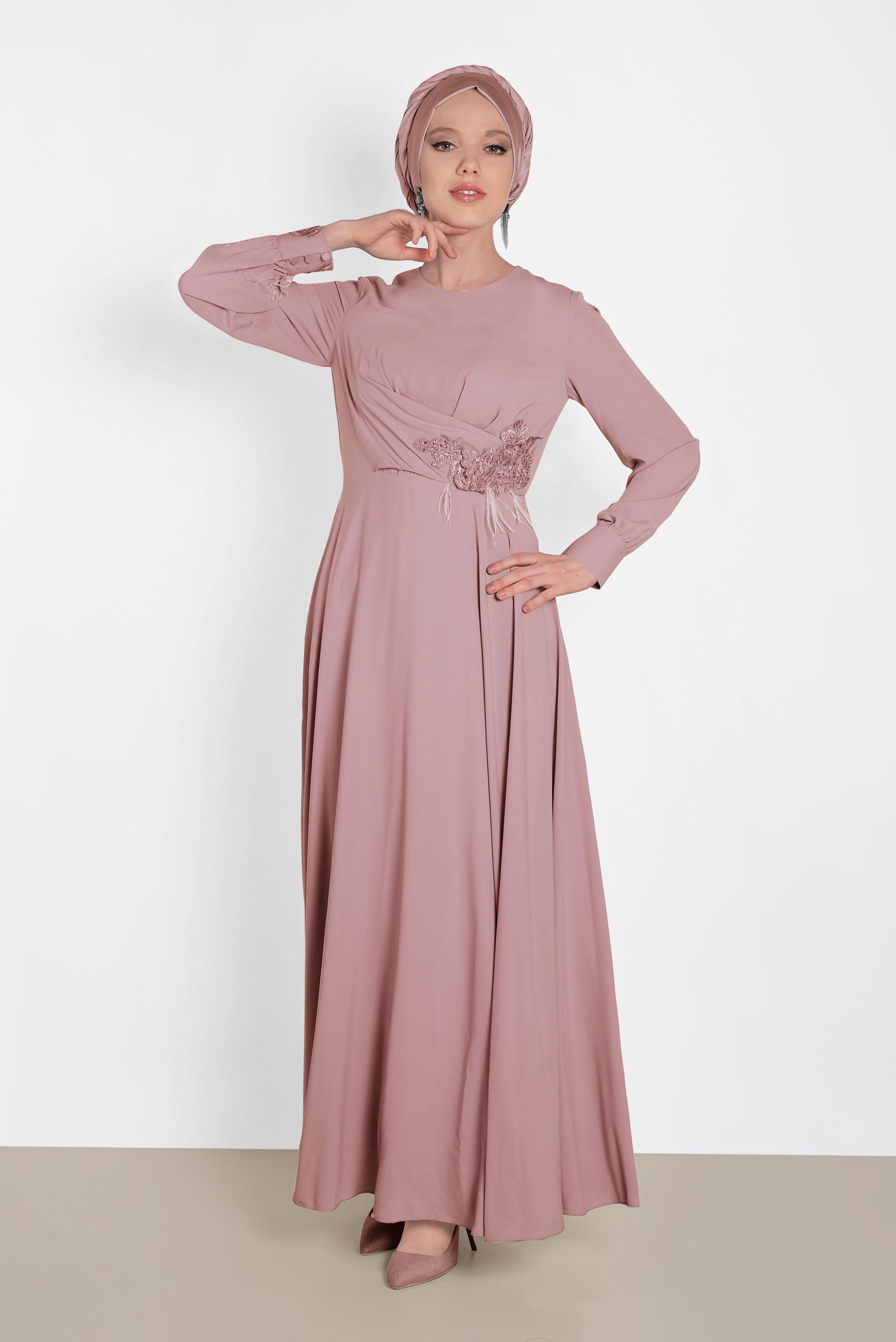 Tesettür giyim PUDRA GÜPÜR DETAYLI ELBİSE 4433