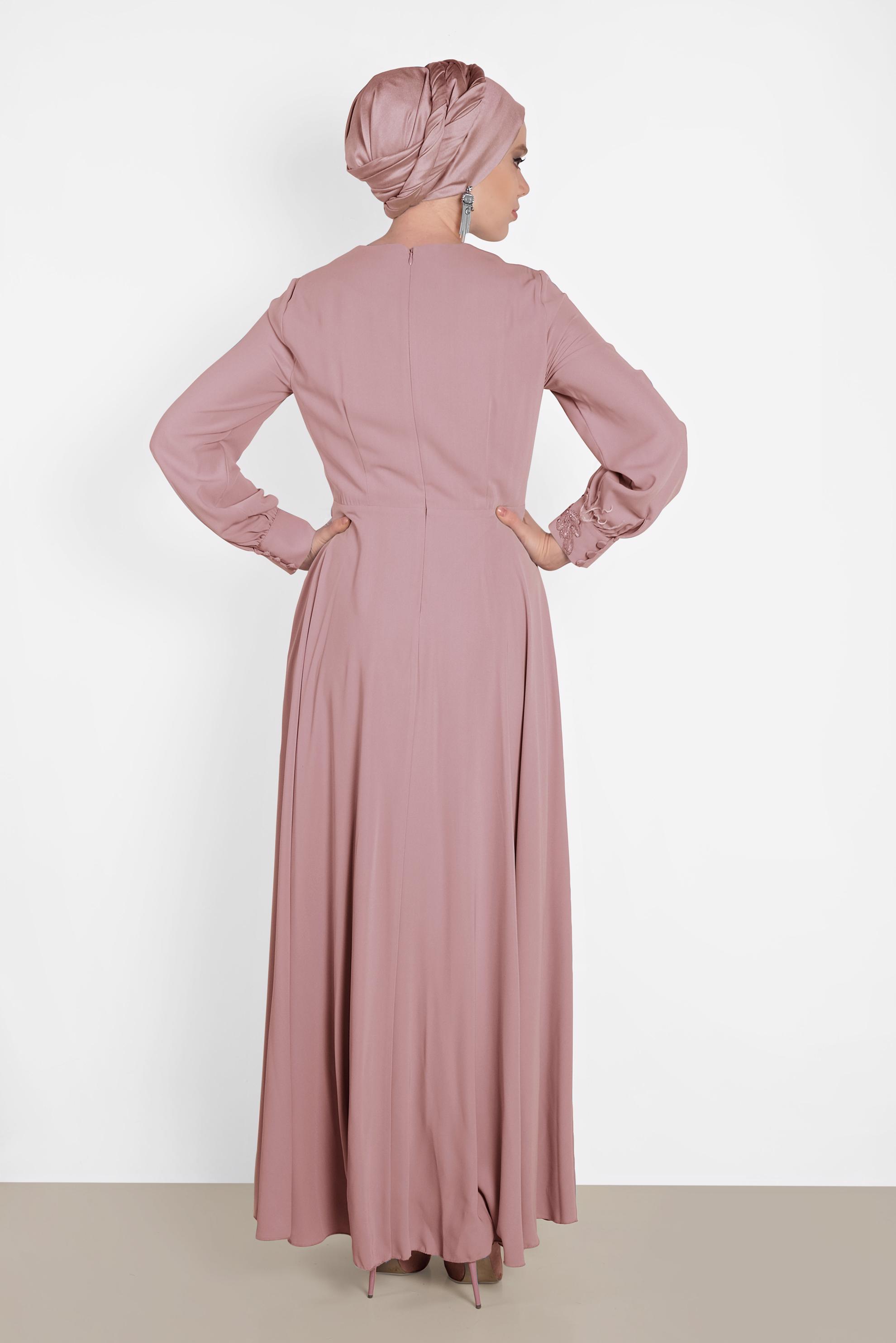 Tesettür giyim PUDRA GÜPÜR DETAYLI ELBİSE 4433