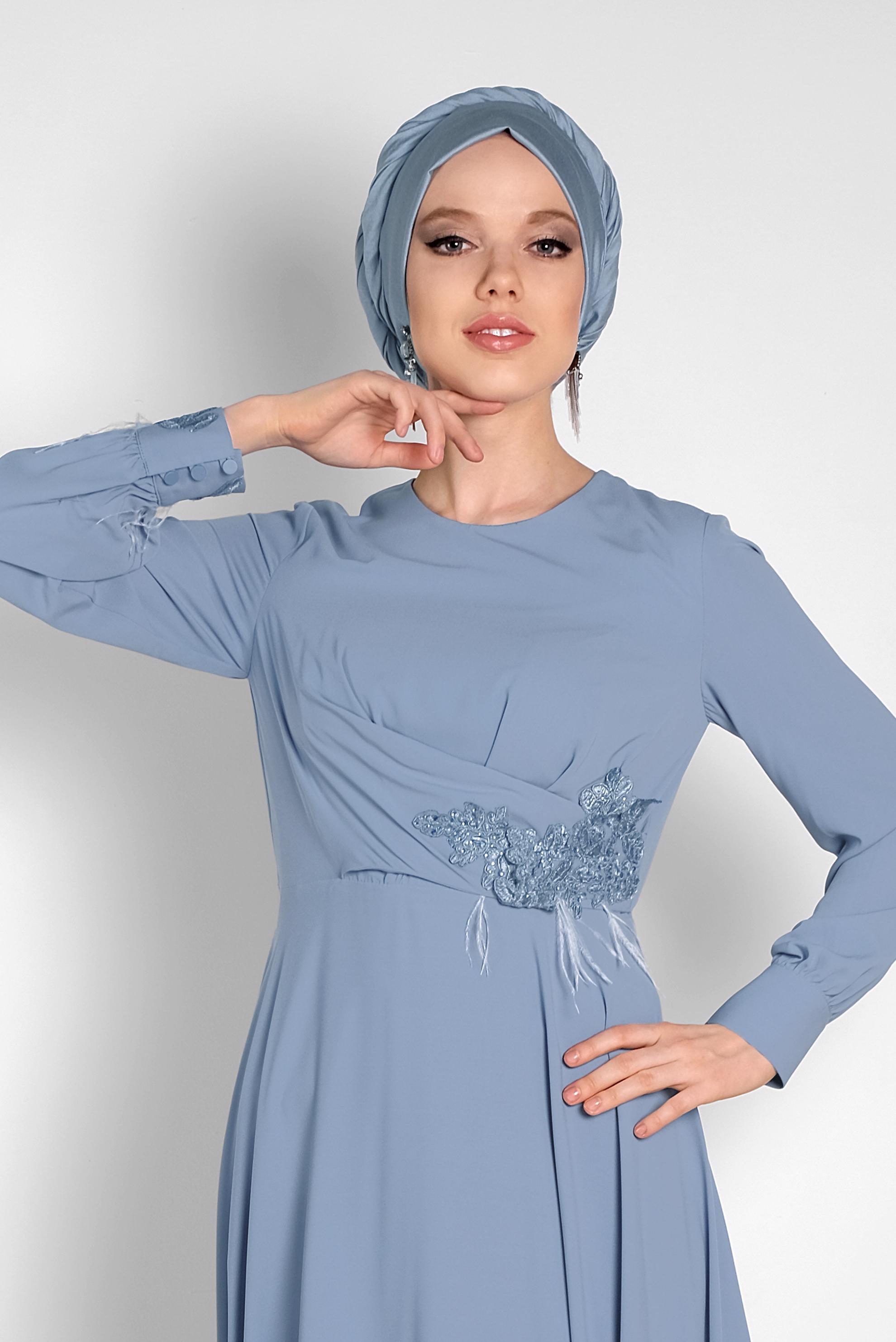 Tesettür giyim MAVİ GÜPÜR DETAYLI ELBİSE 4433