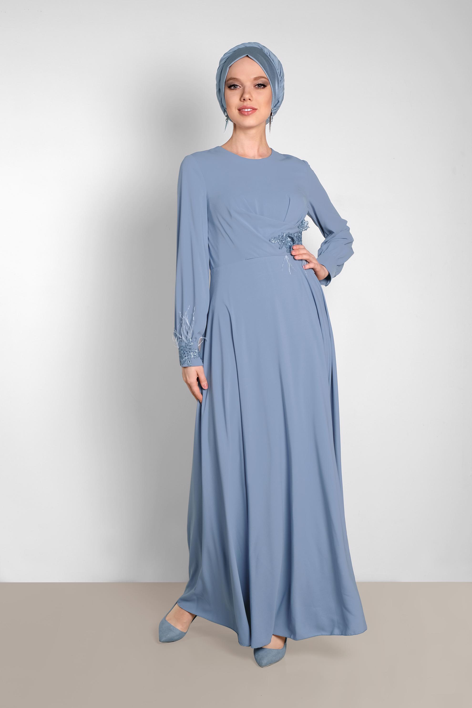 Tesettür giyim MAVİ GÜPÜR DETAYLI ELBİSE 4433