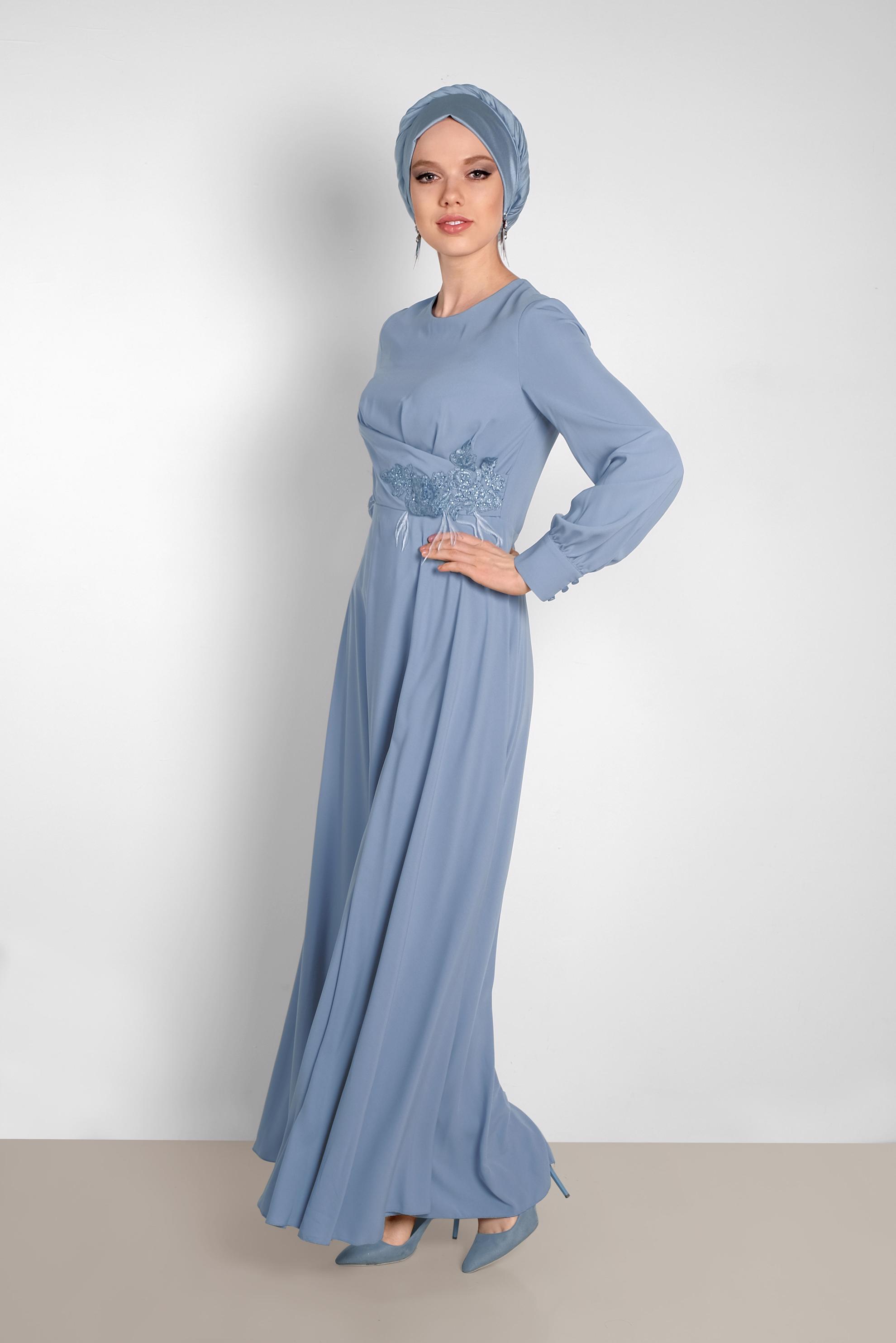 Tesettür giyim MAVİ GÜPÜR DETAYLI ELBİSE 4433