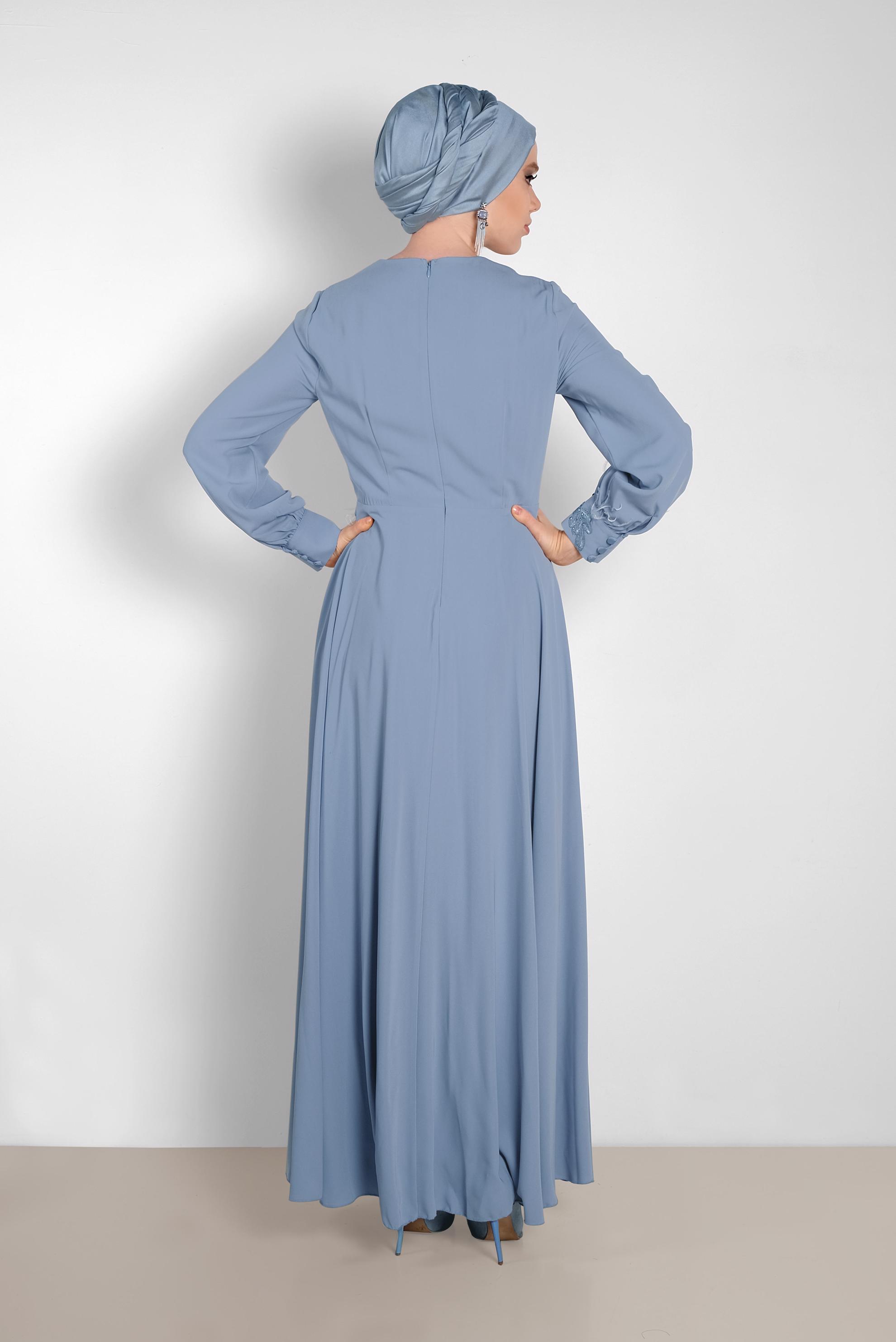 Tesettür giyim MAVİ GÜPÜR DETAYLI ELBİSE 4433